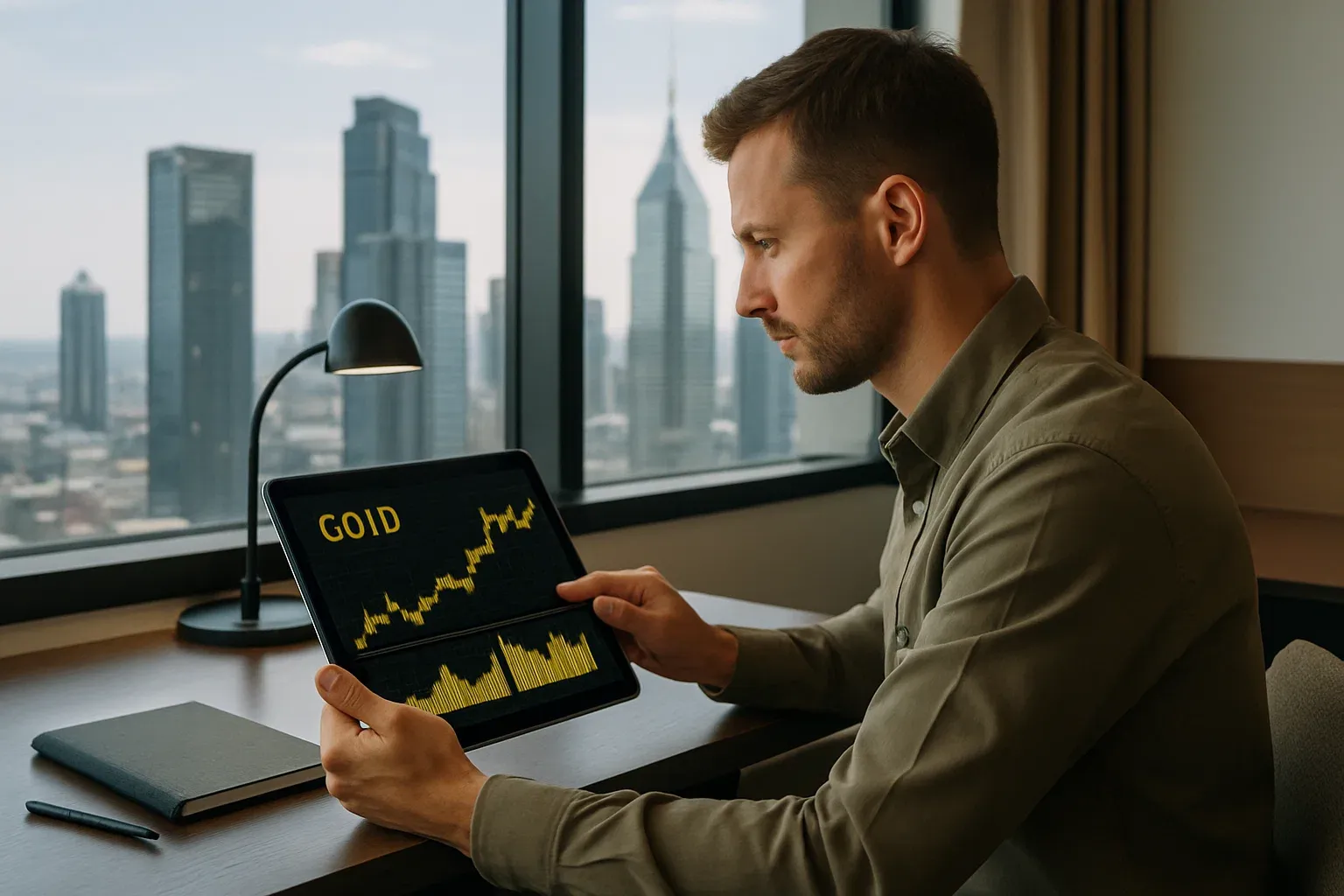 Traveler viewing gold charts on tablet at a hotel workspace, city skyline in background — focused, efficient, professional vibe.