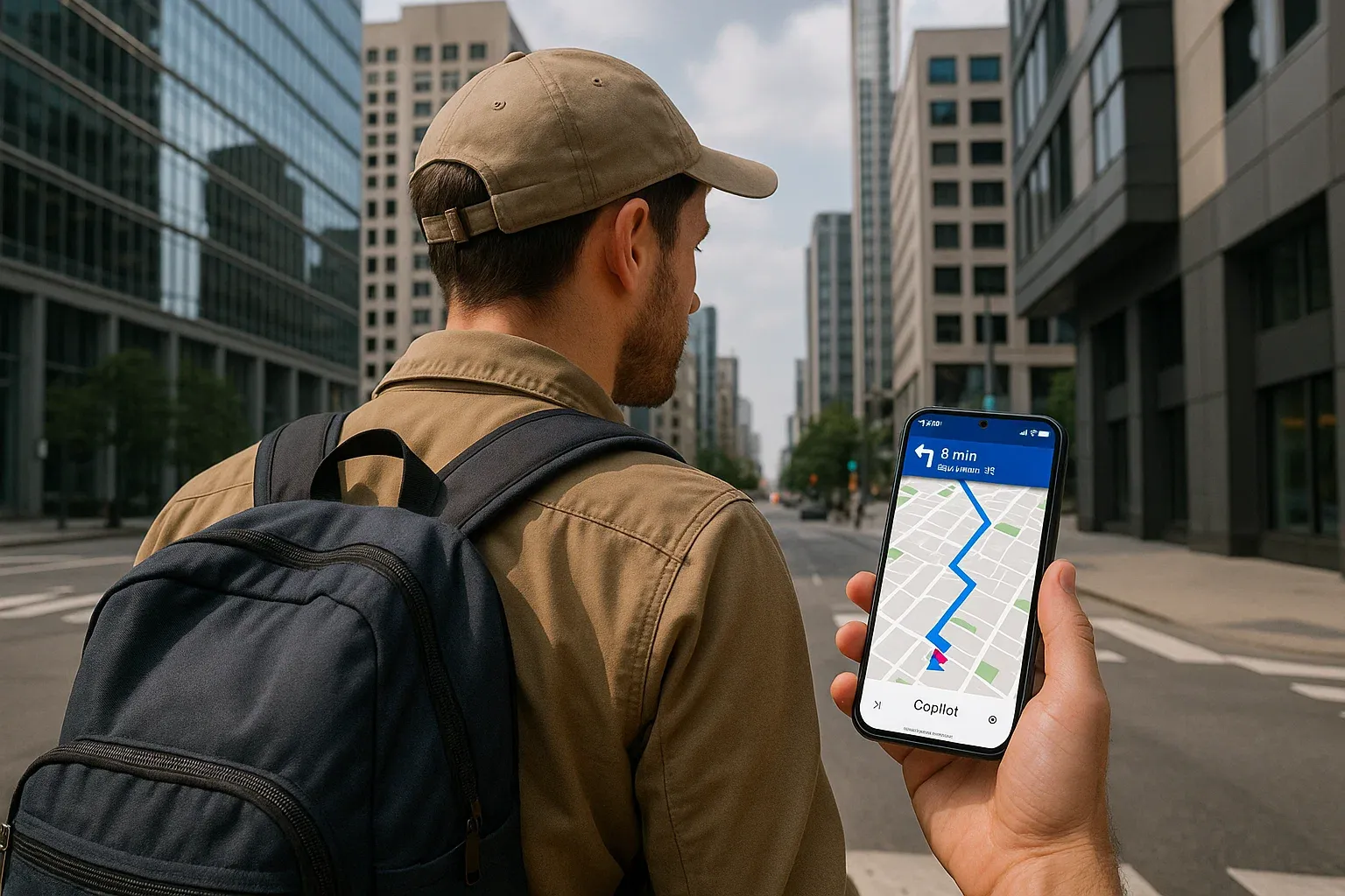 Traveler walking city streets with Copilot navigation open on phone, modern urban architecture, practical digital travel scene