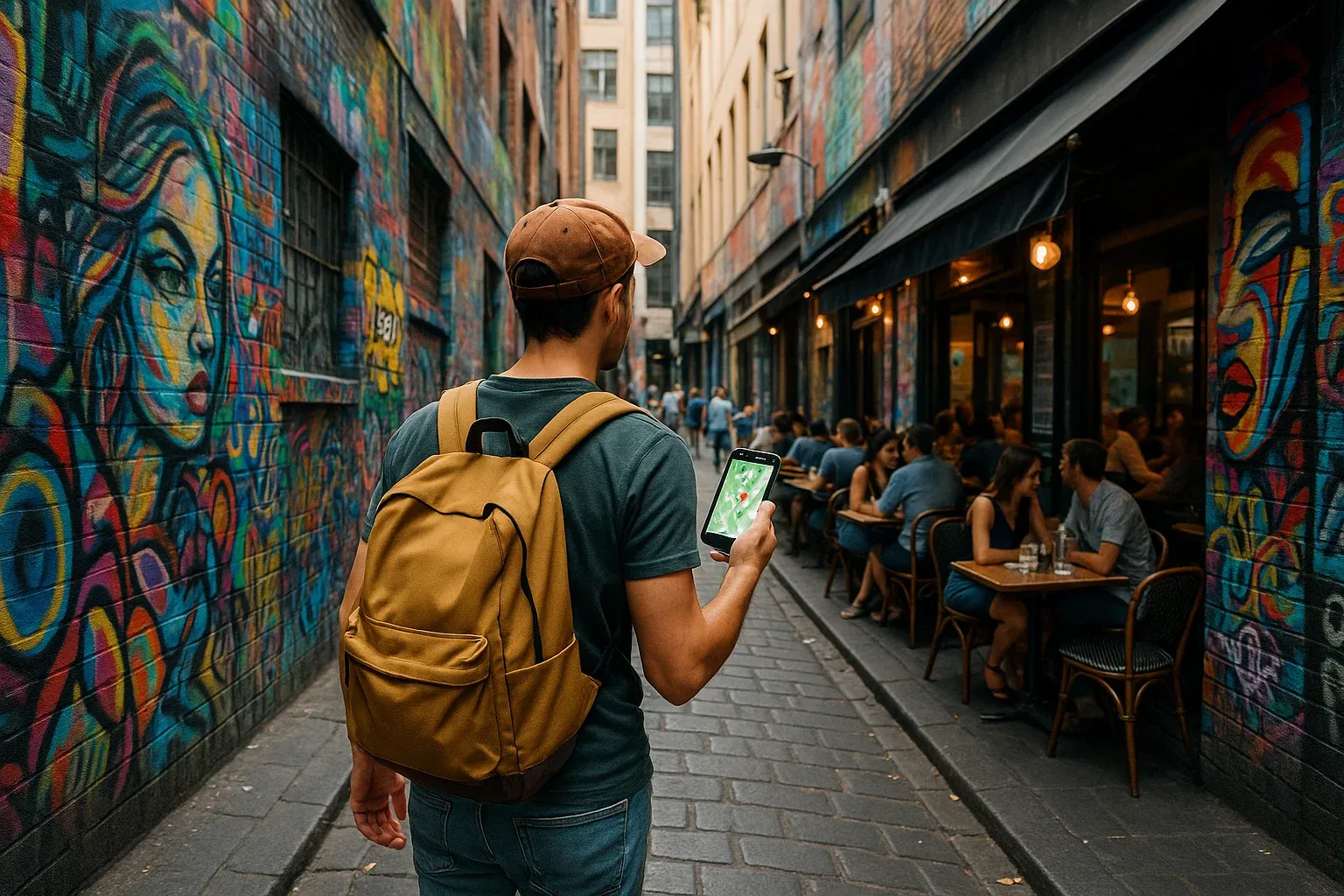 Traveler walking through Melbourne’s laneways using smartphone navigation, colorful street art and open-air cafés creating a lively atmosphere