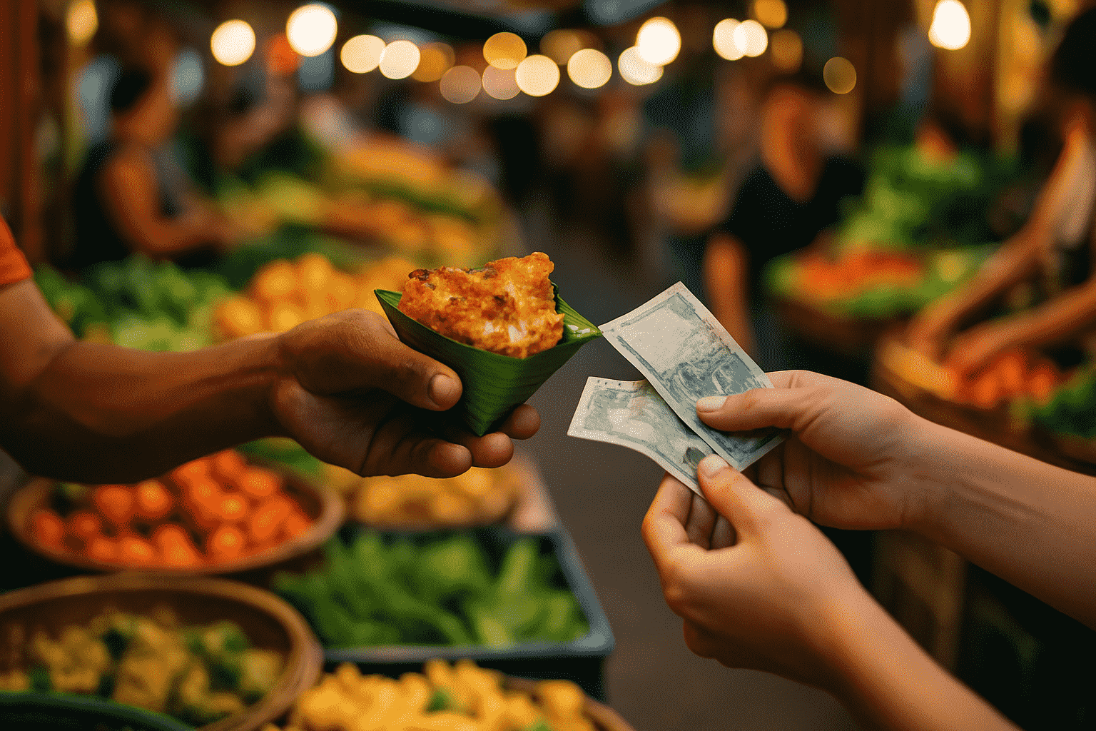 Hands exchanging money for street food at market, showcasing cultural benefits of traveling through food