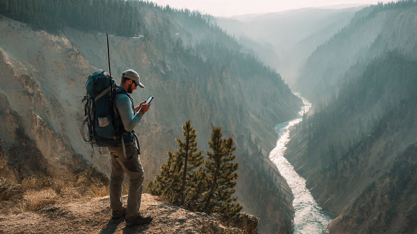 A backpacker standing near Yellowstone canyon checking signal strength on their phone, cool tones, illustrating remote connectivity challenges