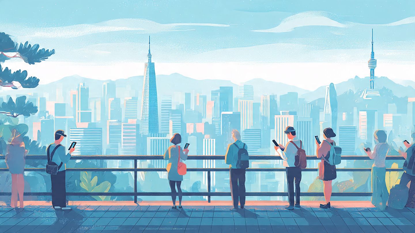 A bright morning view of Seoul’s modern skyline from Namsan with travelers checking maps on their phones; clean travel-magazine aesthetic.