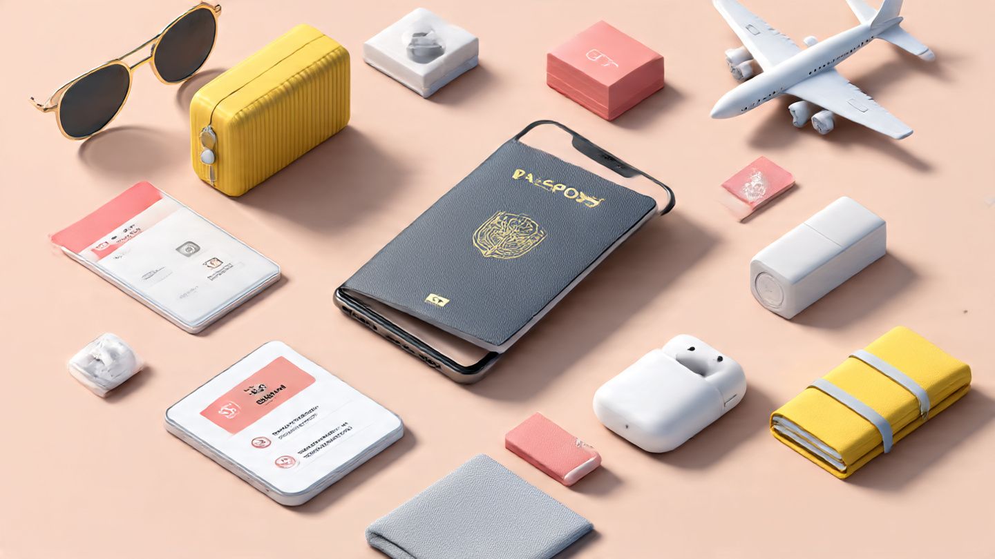 A clean flat-lay of a passport, phone showing eSIM installation steps, and holiday travel items; informative, bright, tutorial-style tone