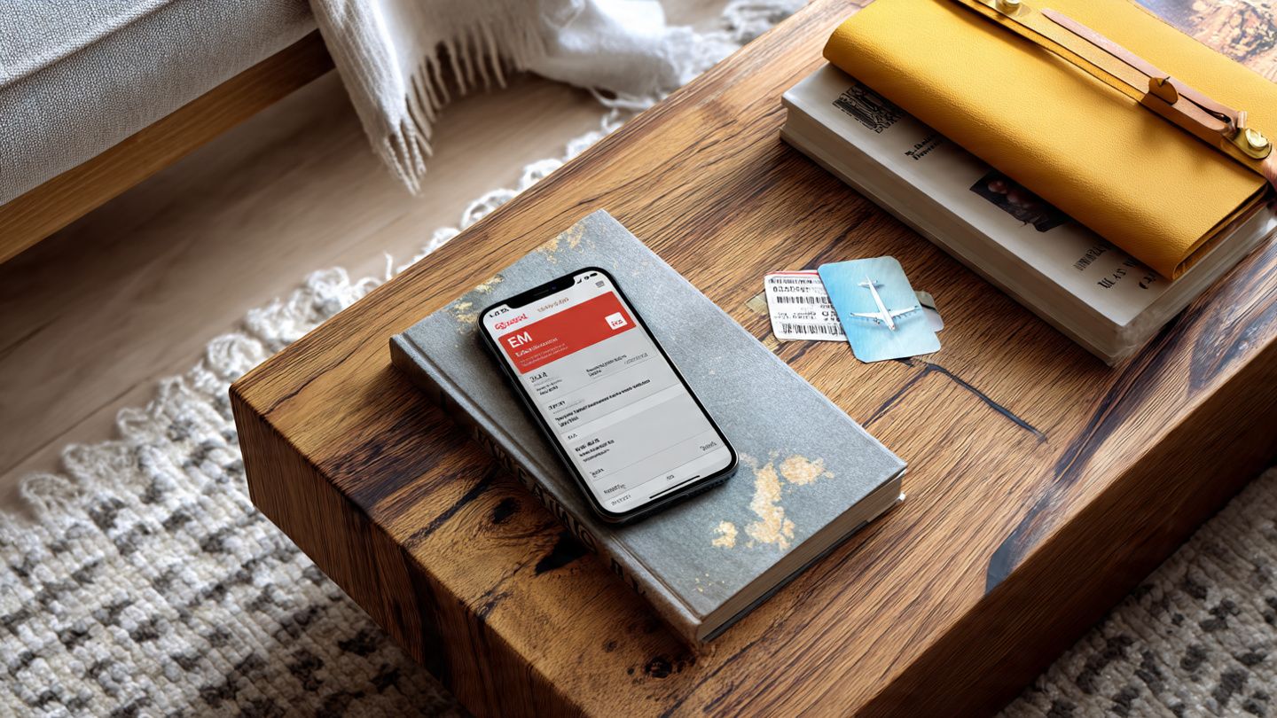 A clean, modern flat-lay of a smartphone showing an eSIM activation screen beside a passport, boarding pass, and Eastern Airways luggage tag on a wooden travel desk; informative and instructional atmosphere