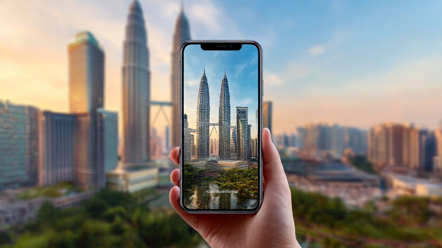 A close-up of a hand holding a smartphone displaying an eSIM activation screen, with a background collage of Singapore’s Marina Bay Sands