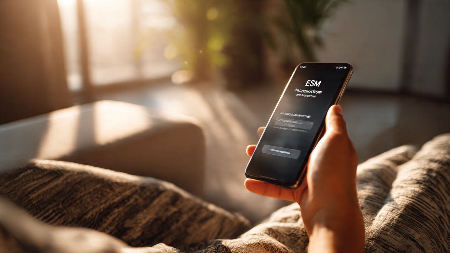 A close-up of a smartphone screen displaying eSIM activation settings in a modern apartment in Singapore, warm natural light, relaxed expat lifestyle mood, clear instructional focus.