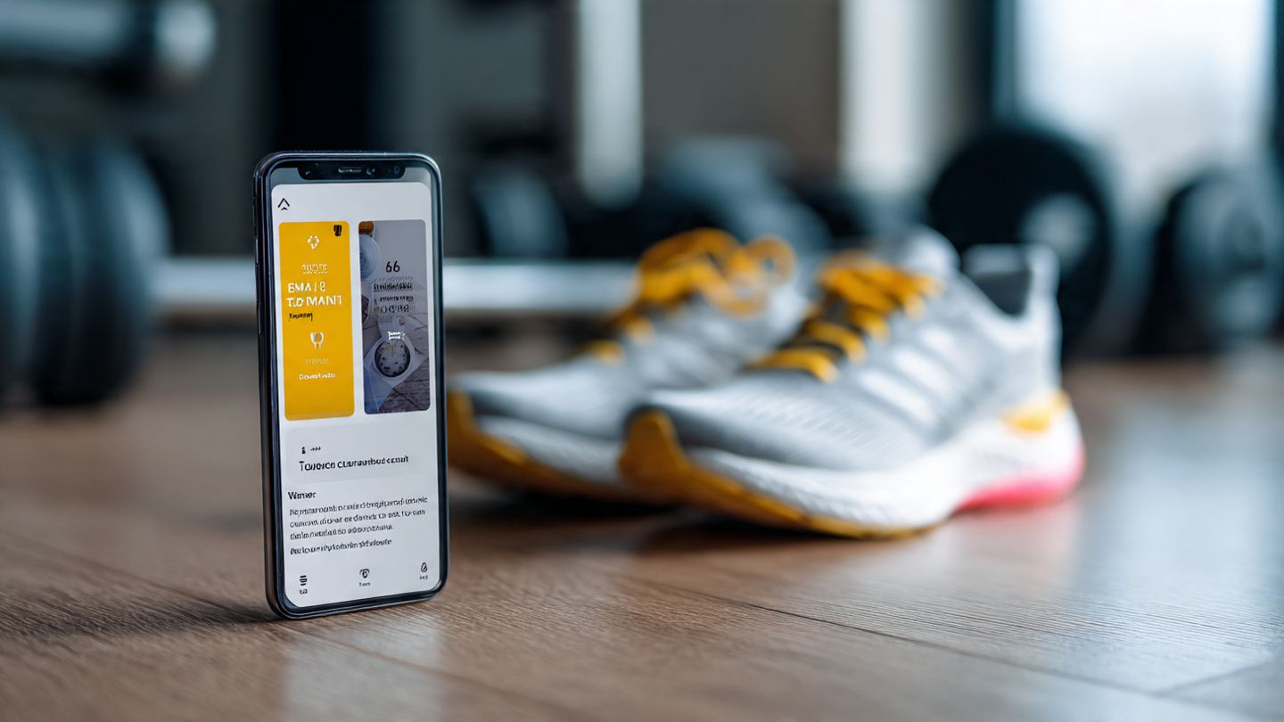 A close-up of a smartphone showing an eSIM setup screen with a marathon bib and running shoes in the background, clean modern style, helpful instructional mood