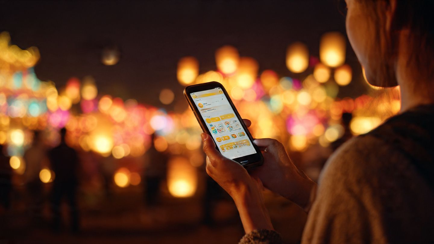 A close-up of a traveler holding a smartphone with an active eSIM plan on the screen, background softly blurred with lanterns and festival lights