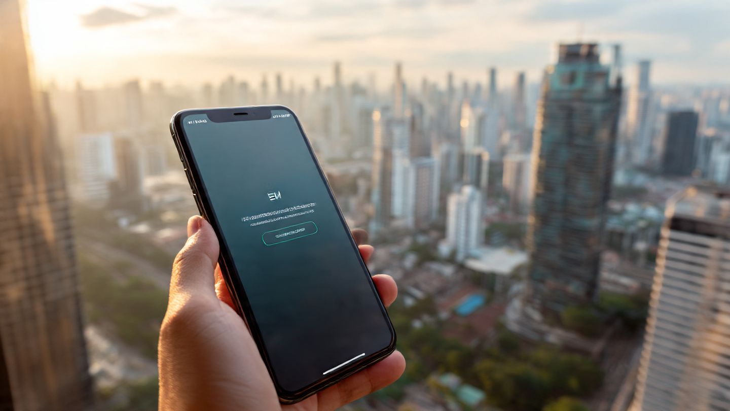 A close-up shot of a smartphone displaying an eSIM activation screen while overlooking a modern Southeast Asian city skyline, with summit venues and conference centers visible; professional, detailed, travel-tech focused