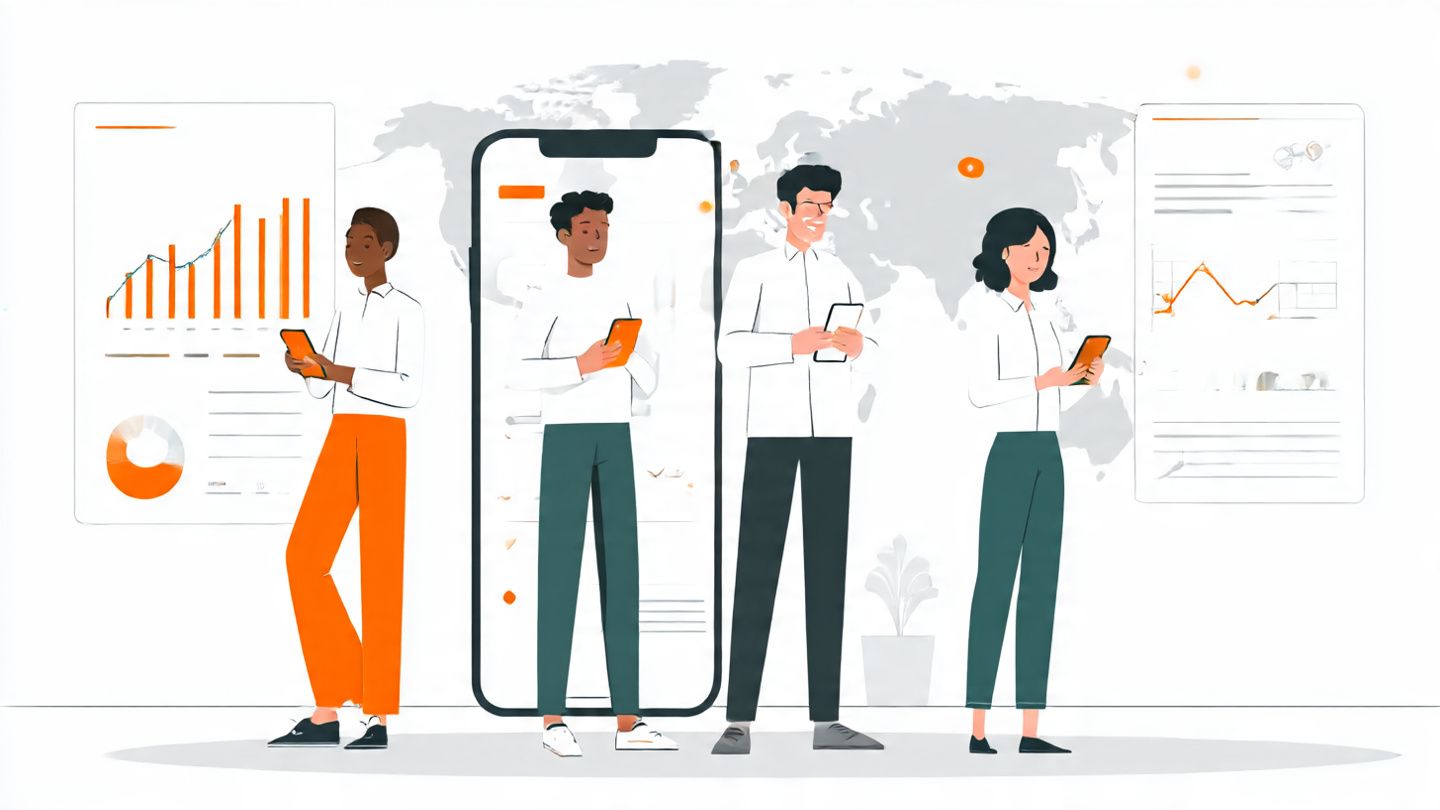 Illustration of a corporate IT team deploying eSIMs across employee smartphones, with charts, dashboards, and a global map in the background, clean minimalistic design aimed at enterprise decision-makers