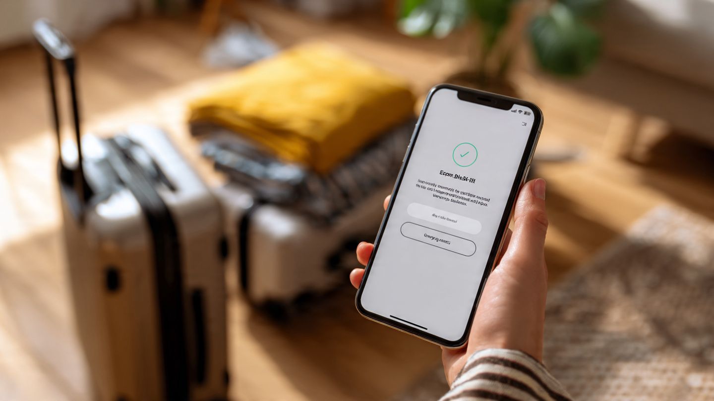 A detailed close-up of a smartphone screen showing eSIM setup steps, with a traveler preparing luggage in the background; instructional, bright, and modern aesthetic
