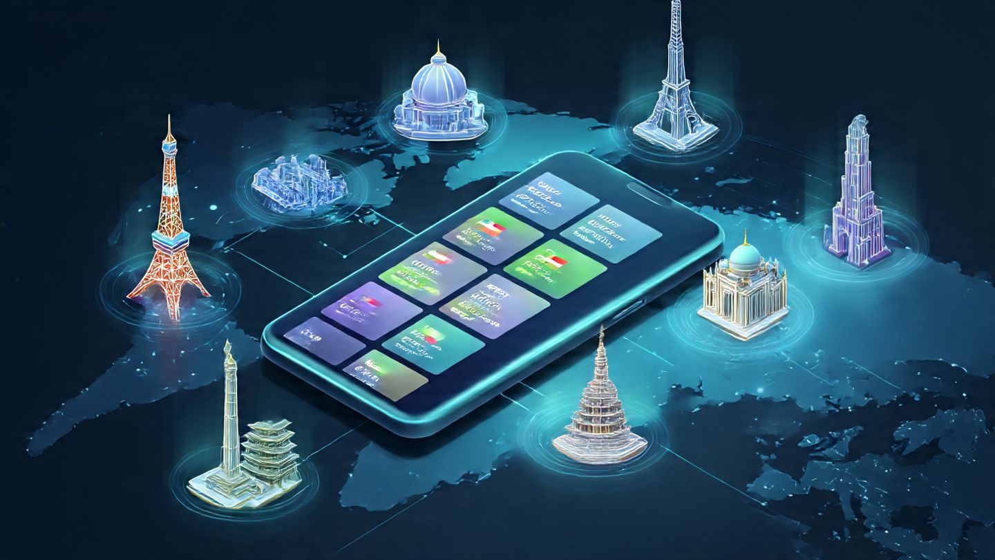 A digital illustration of a smartphone displaying multiple eSIM profiles for different countries, surrounded by global landmarks — futuristic, clean, business-focused tone