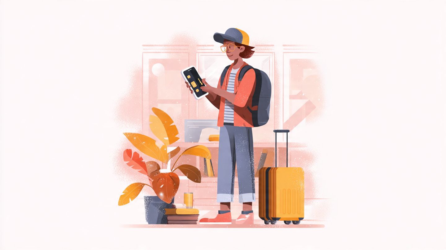A digital illustration of a traveler activating an eSIM on a smartphone, modern clean design, tutorial-style visualization