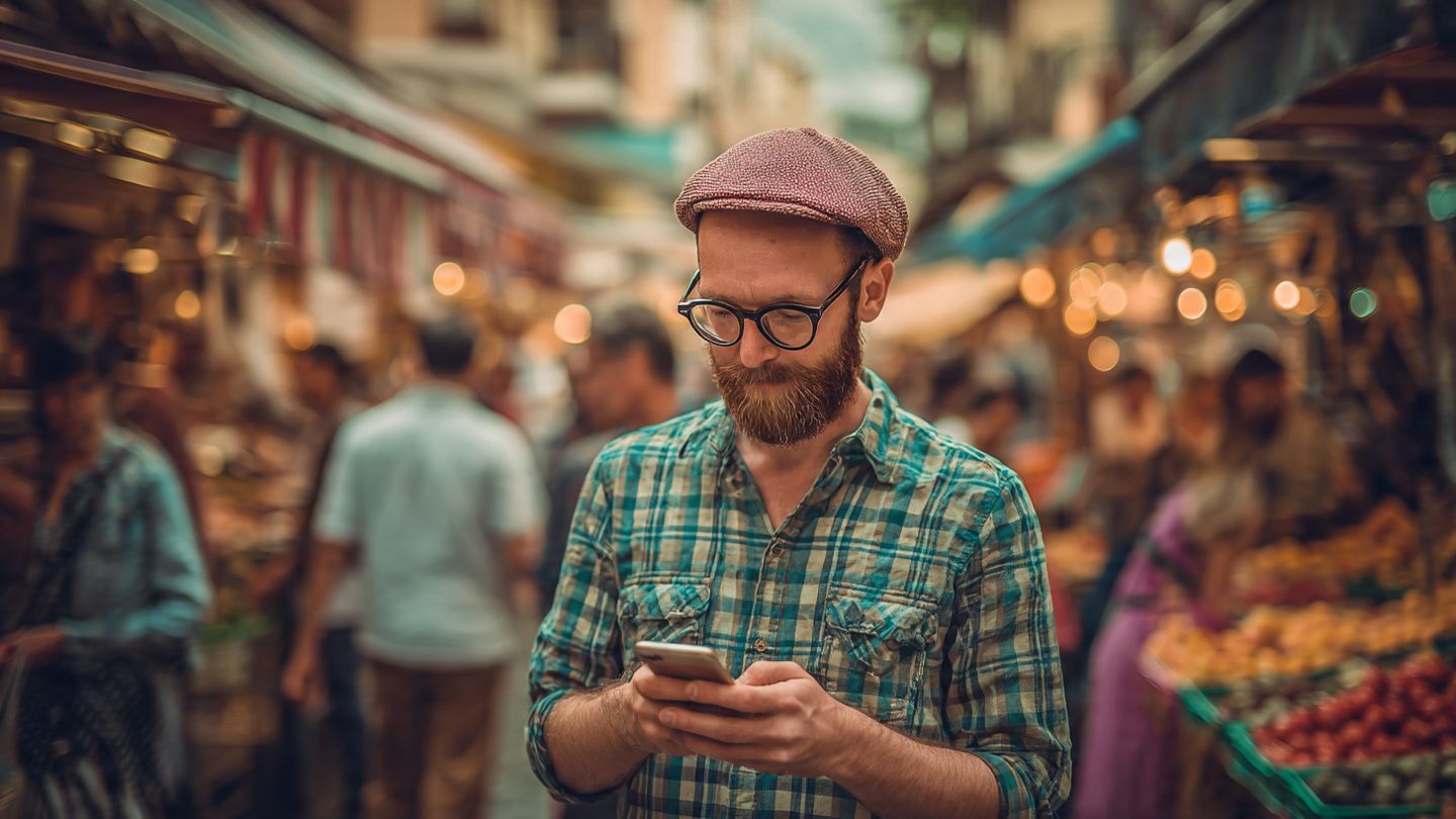 A digital nomad using secure mobile data on a smartphone in a busy European street market, emphasizing eSIM safety and mobility; vibrant travel atmosphere with soft natural light