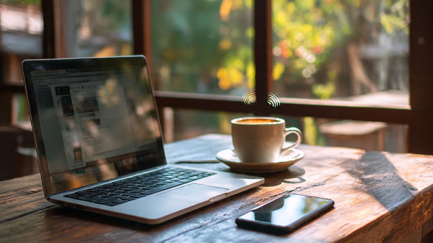 A digital nomad working at a café in Chiang Mai, laptop open, smartphone beside it showing strong eSIM signal