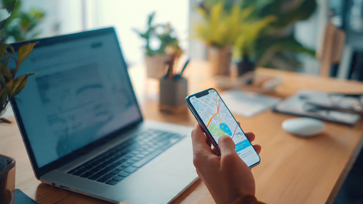 A digital traveler activating an Australia eSIM on a smartphone while planning a Melbourne itinerary on a laptop; modern, clean, bright workspace