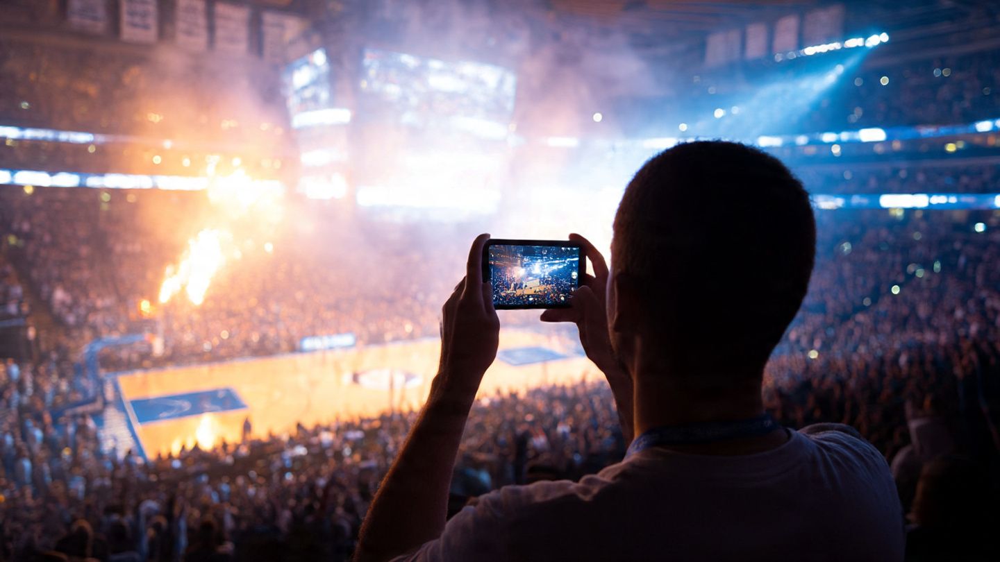 A fan in an NBA arena capturing courtside action on their phone while using fast eSIM data, surrounded by bright stadium lights and cheering crowds — dynamic sports photography with a sense of motion and excitement