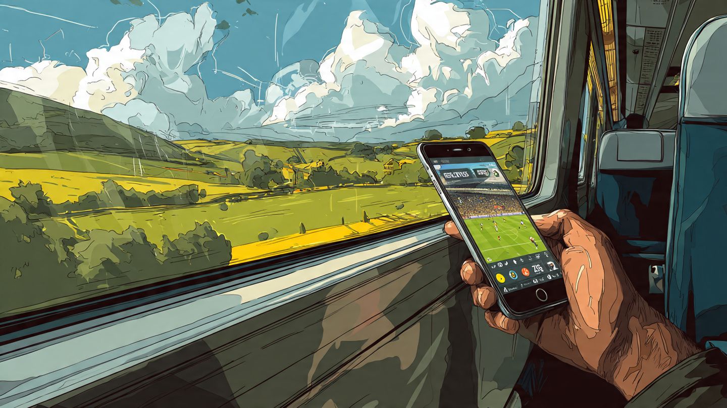 A fan traveling on a UK train with a smartphone showing live Premier League scores, scenic countryside through the window, dynamic and travel-focused illustration