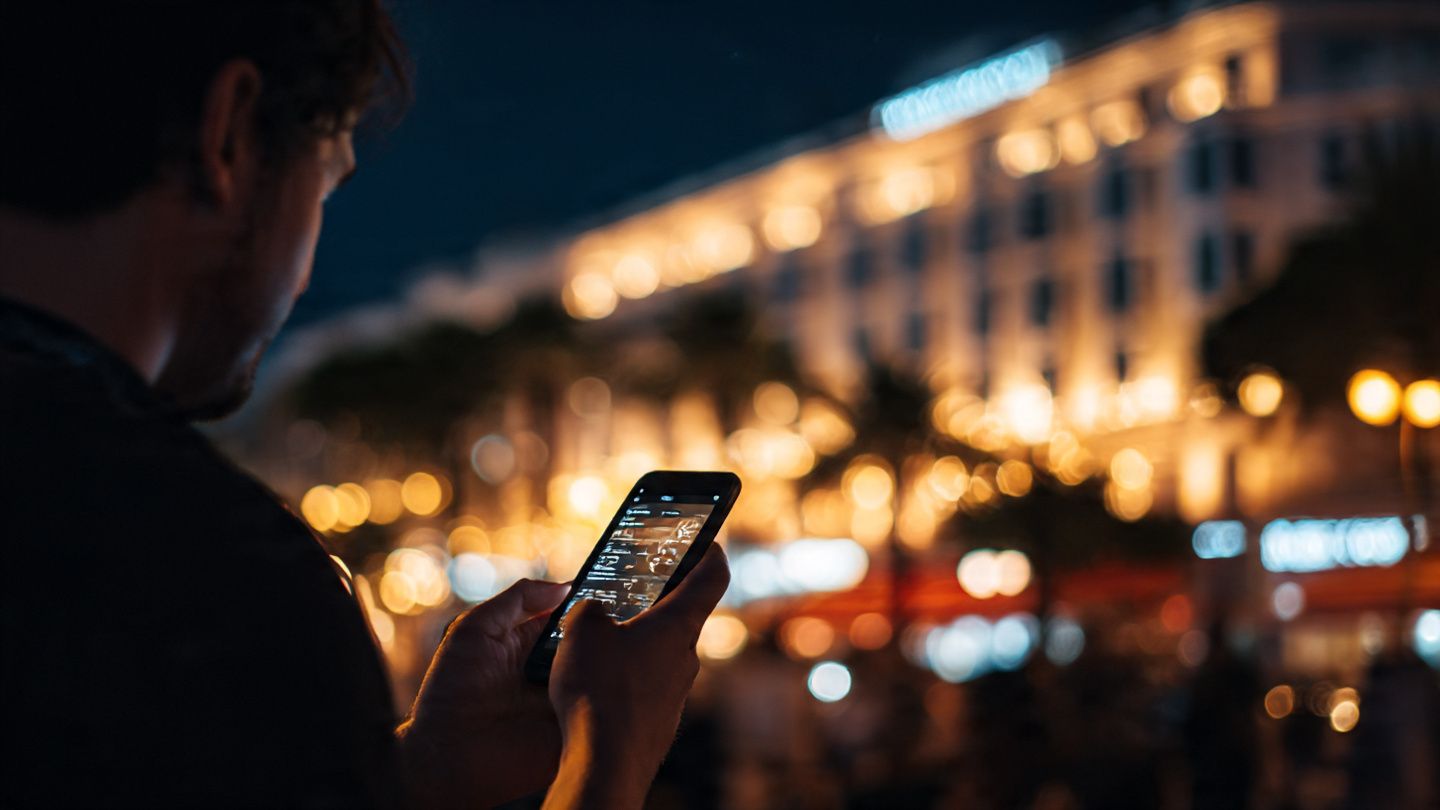 A filmmaker at night near the Cannes red carpet, phone in hand with glowing screen showing data connection icons — cinematic atmosphere, digital lifestyle focus