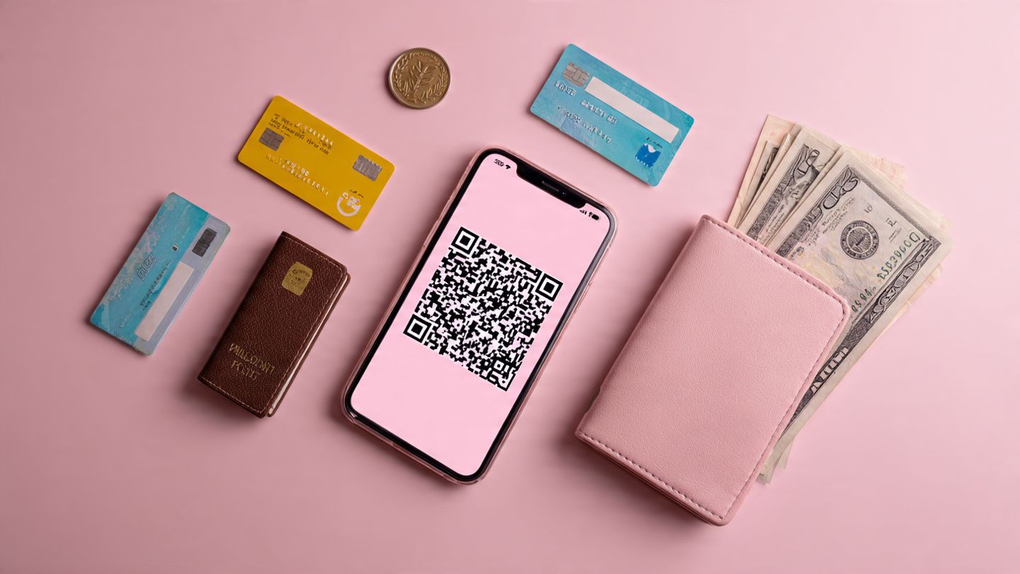 A flat-lay image of a phone showing an eSIM activation QR code beside travel essentials like a passport, boarding pass, and currency