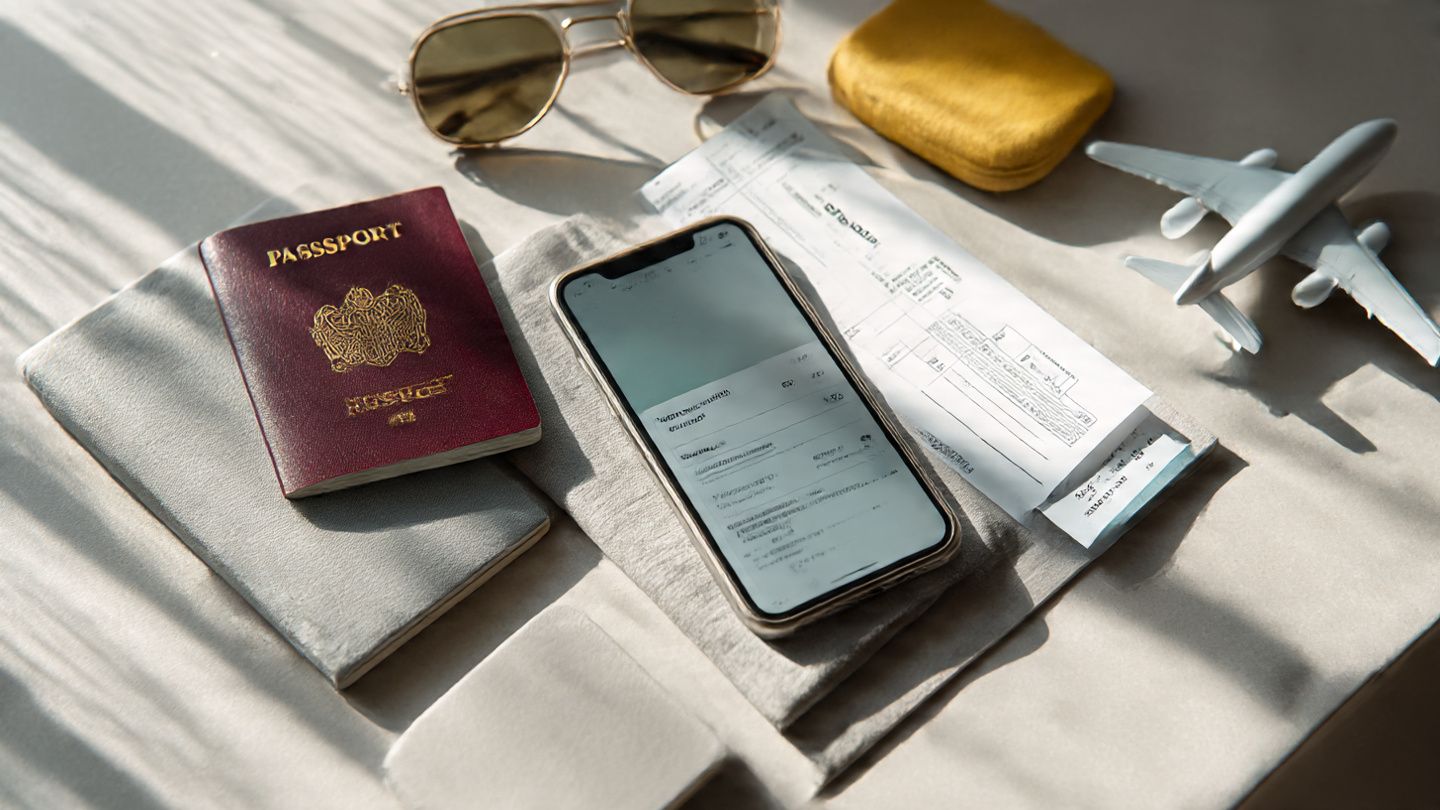 A flat-lay shot of a passport, phone displaying an eSIM activation screen, boarding pass, and travel accessories on a clean desk, soft natural lighting, styled for a travel-tech guide