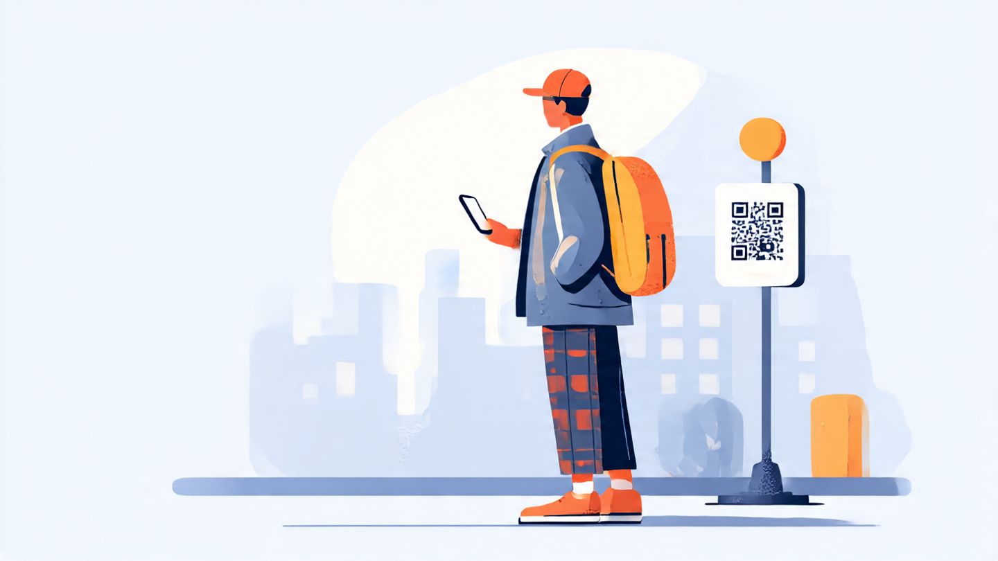 Illustration of a traveler scanning a QR code eSIM while planning a baseball trip from Toronto to Boston — minimalist, tech-savvy, and travel-focused composition
