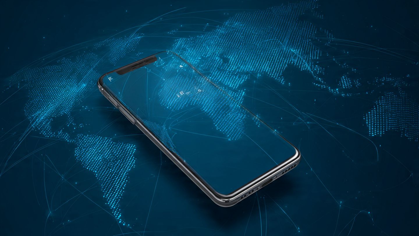 Photo of a modern smartphone showing eSIM activation screen over a world map background, representing seamless international travel connectivity