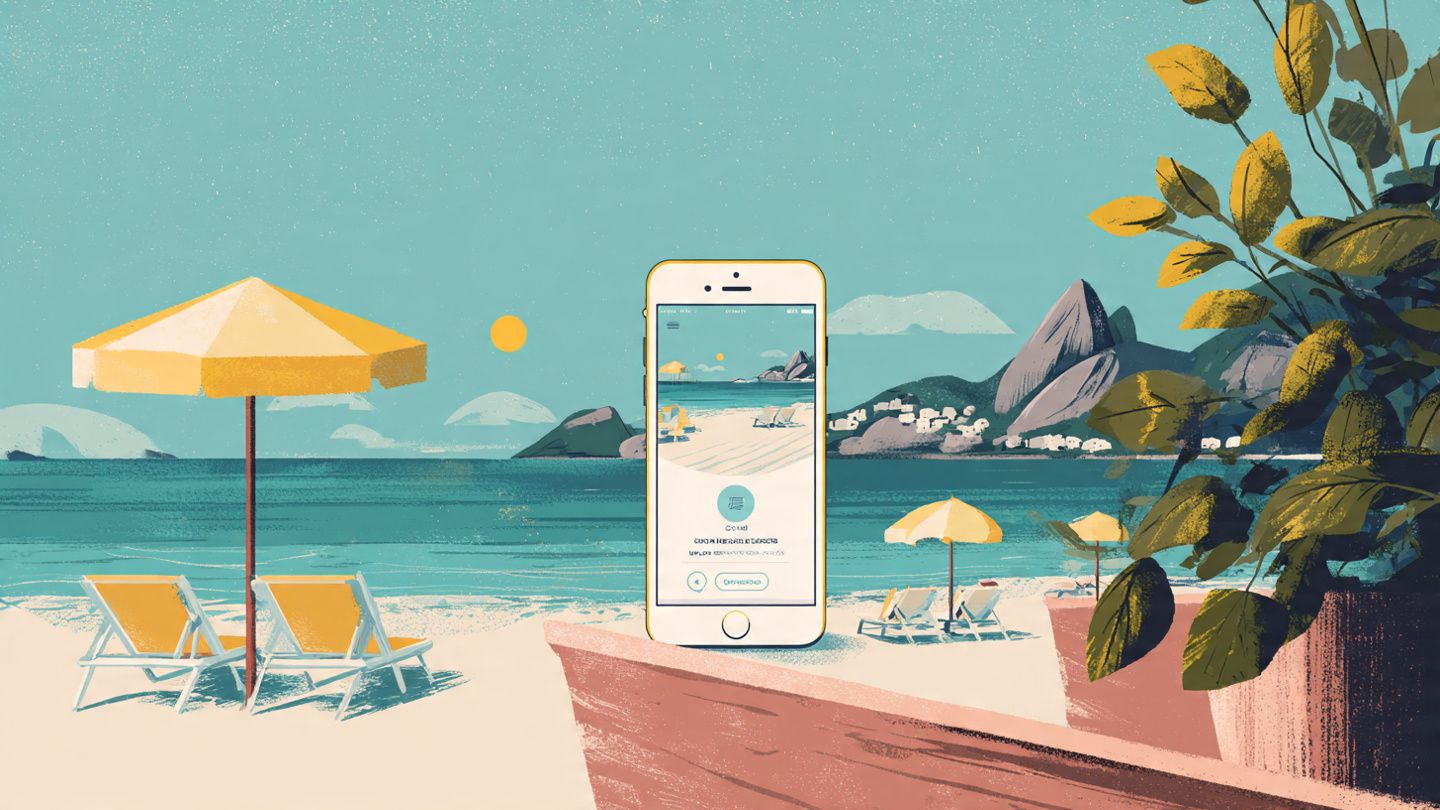 A phone screen showing eSIM activation steps while overlooking Copacabana beach; minimalist, instructional, travel-tech inspired illustration