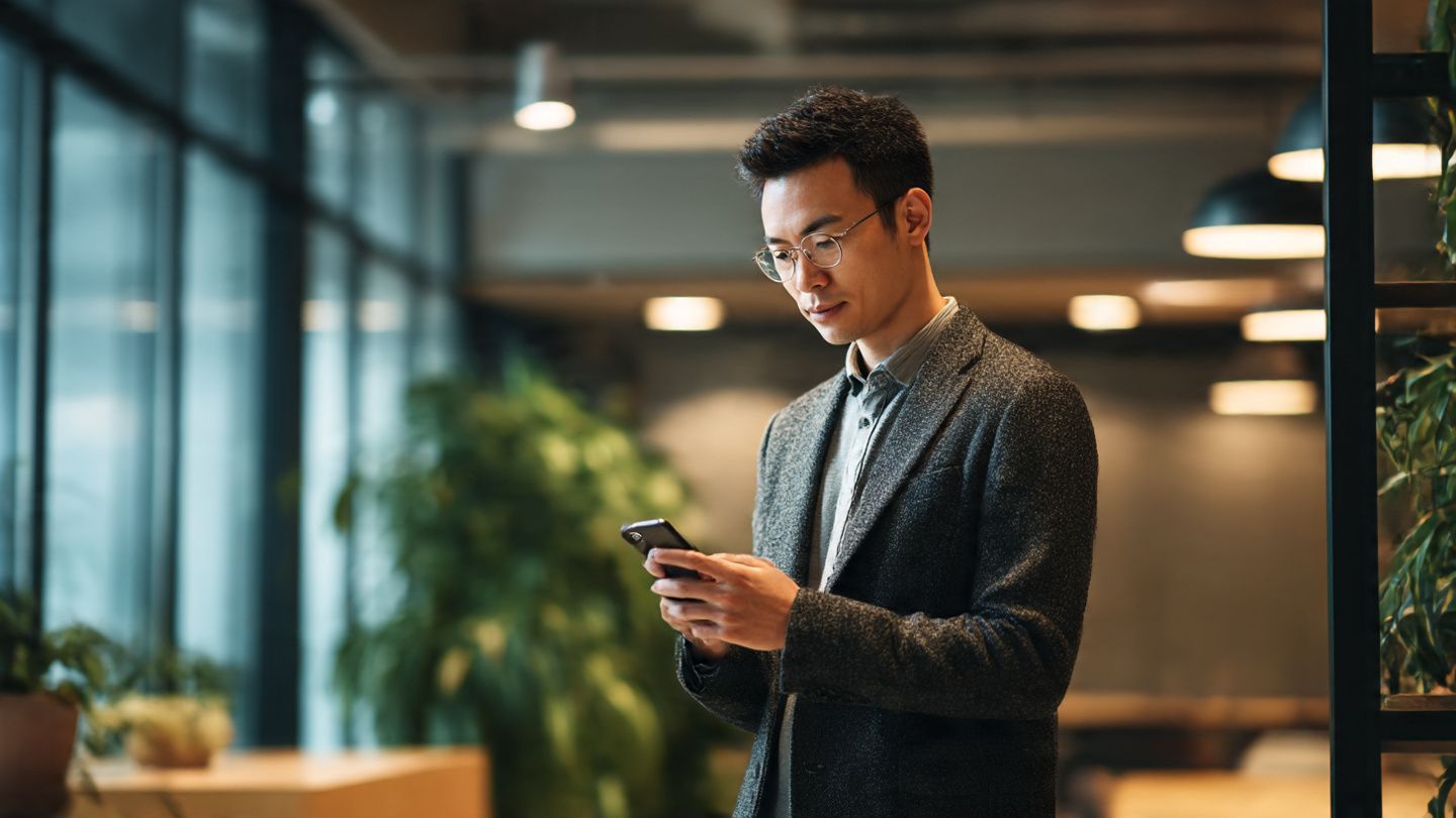 A professional setting in a Kuala Lumpur coworking space, with a business person checking their smartphone for connectivity, showing the practical use of a regional eSIM.