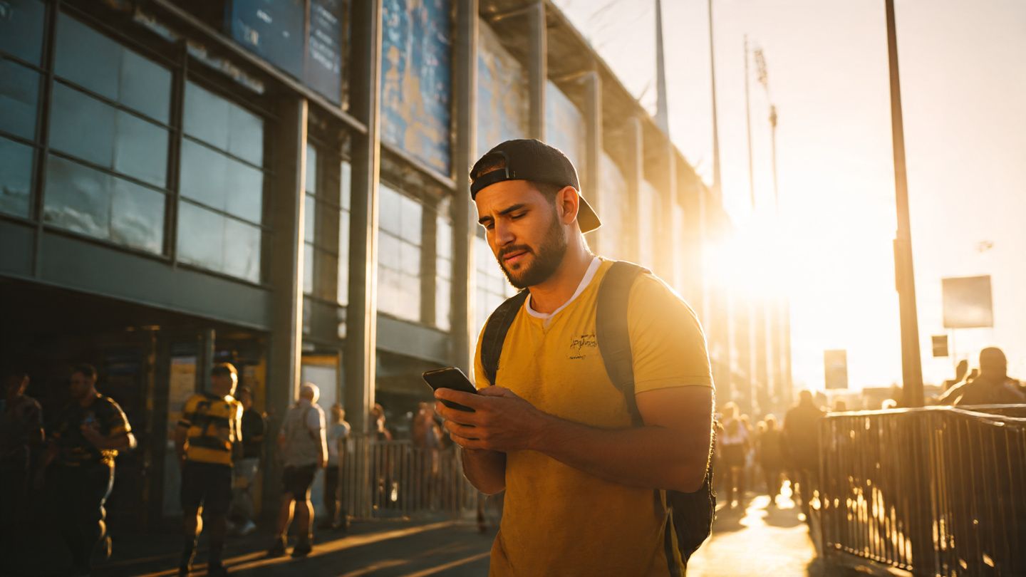 A rugby fan using a smartphone near a stadium entrance, bright outdoor scene, travel gear visible, emphasizing eSIM setup and on-the-go connectivity
