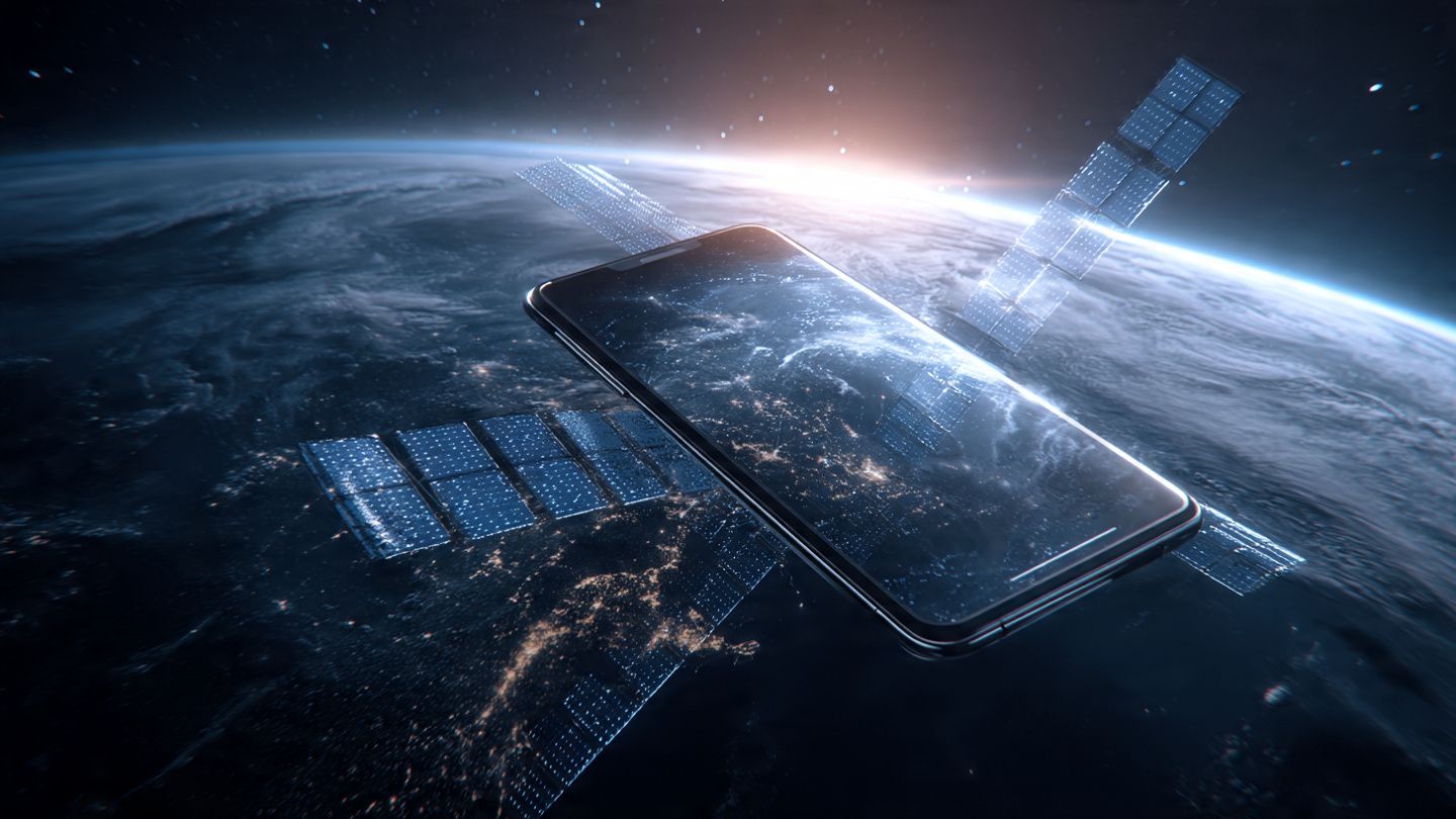 Illustration of a smartphone connecting via satellite orbiting Earth