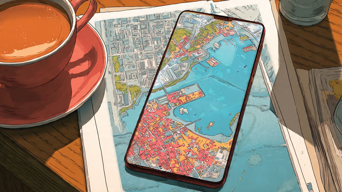 A smartphone displaying a digital Hong Kong map with highlighted health alert zones, viewed from a café table in Kowloon, modern and informative illustration style