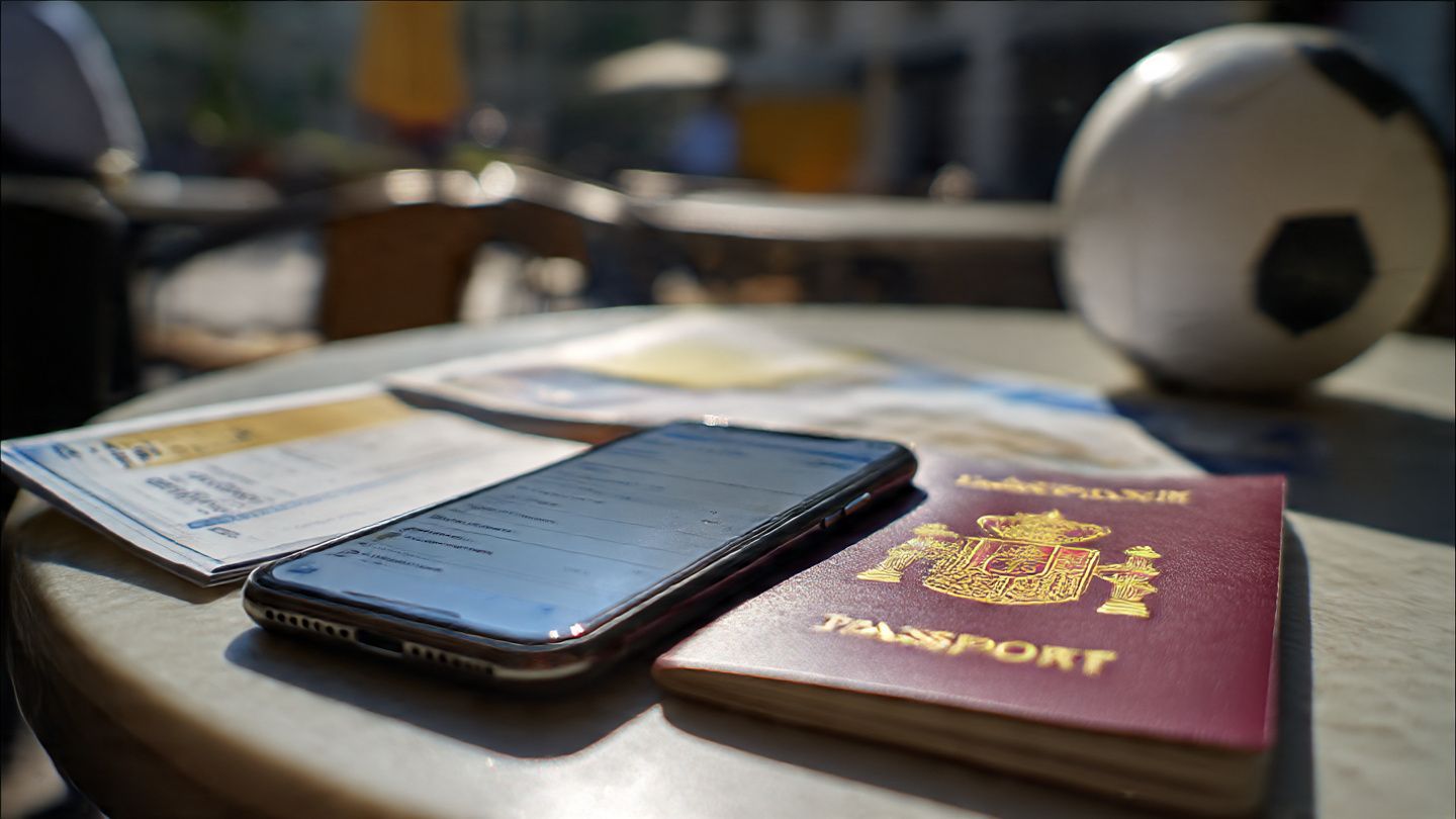A smartphone showing an active eSIM profile next to a football ticket and passport on a café table in Madrid — bright daylight, travel-tech focus