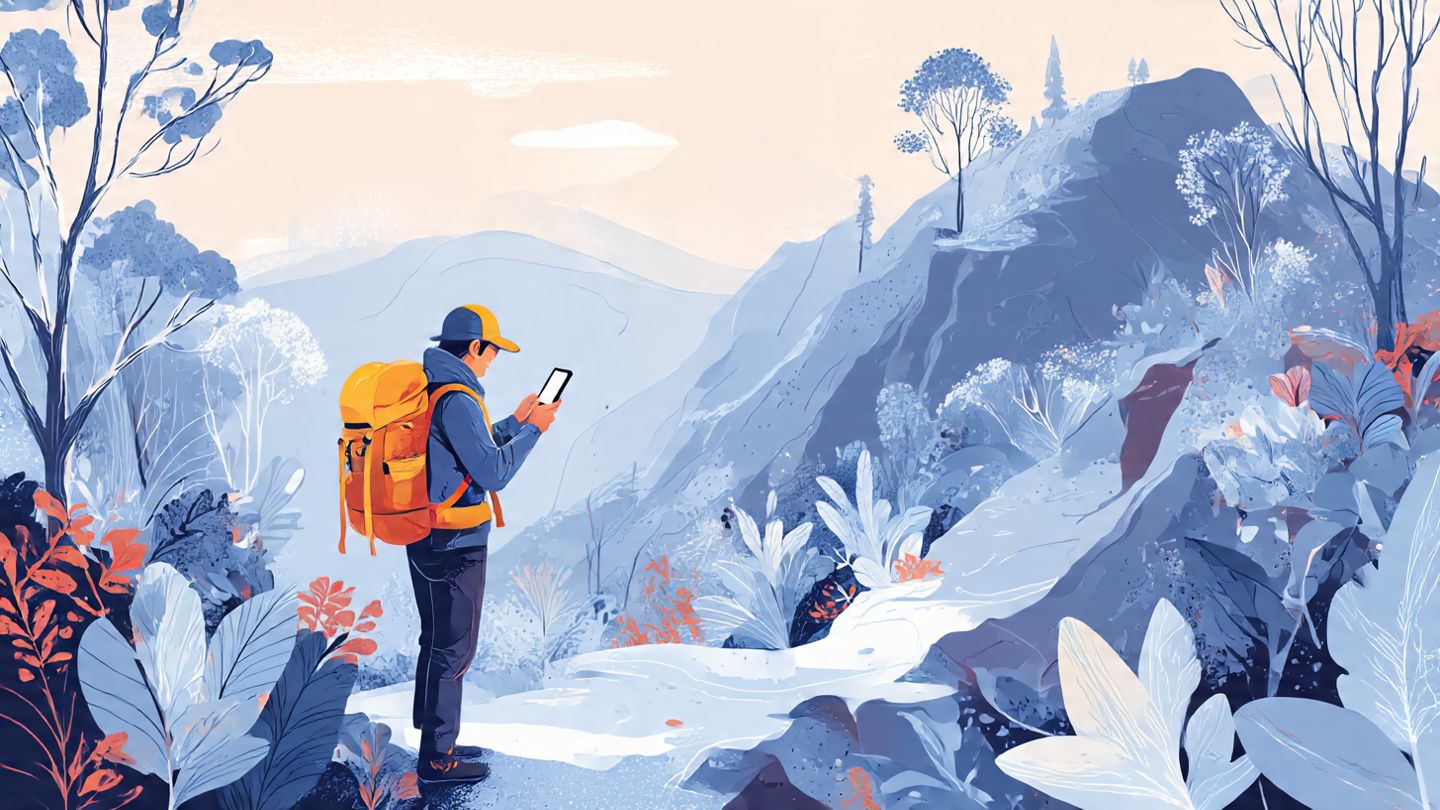 A solo traveler checking their phone while hiking in a remote mountain area, cool tones, safety-focused outdoor adventure scene, soft illustration