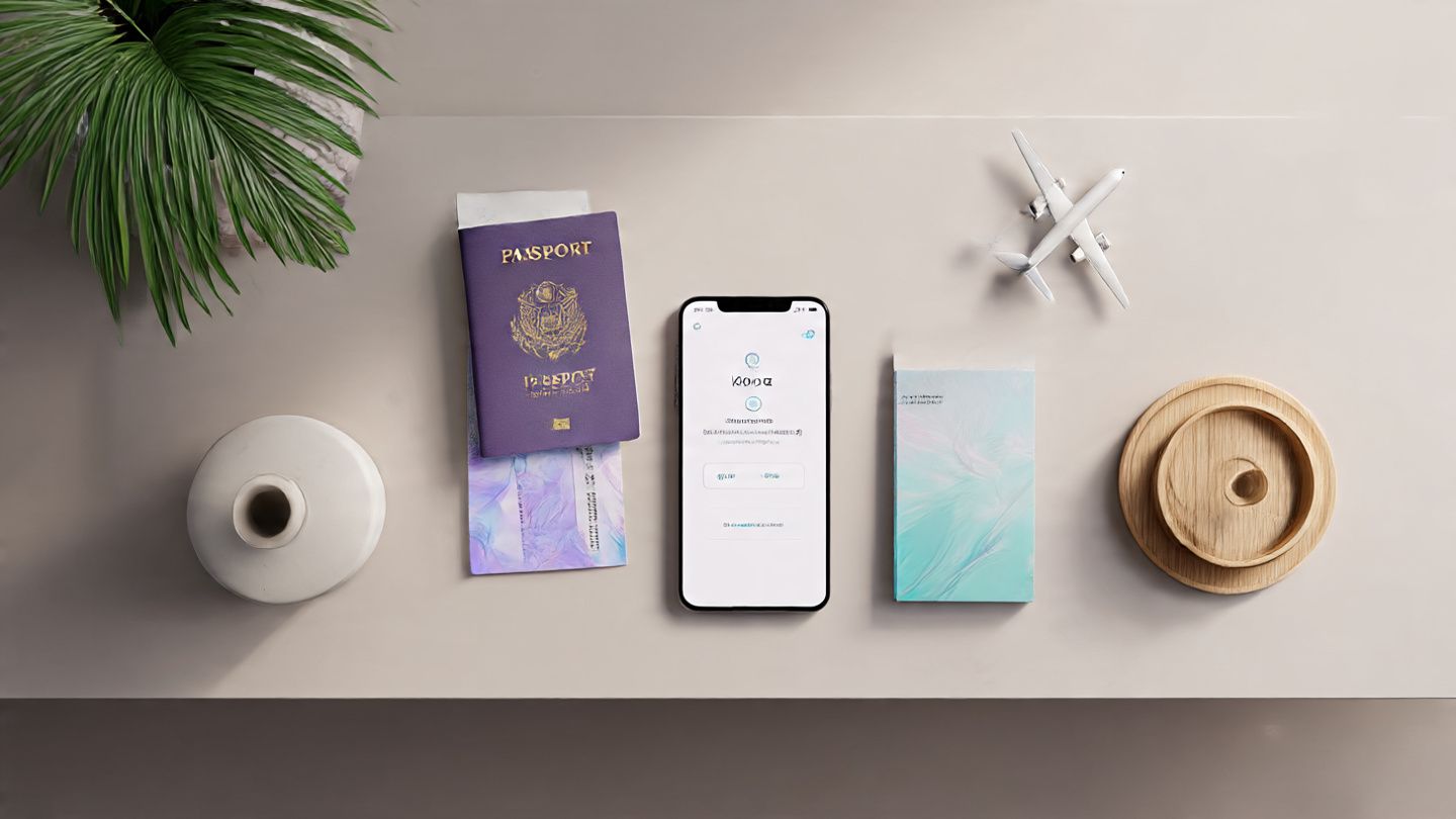 A top-down view of a passport, boarding pass, and smartphone displaying a Korea eSIM activation screen on a clean travel desk, soft Korean minimalist style.