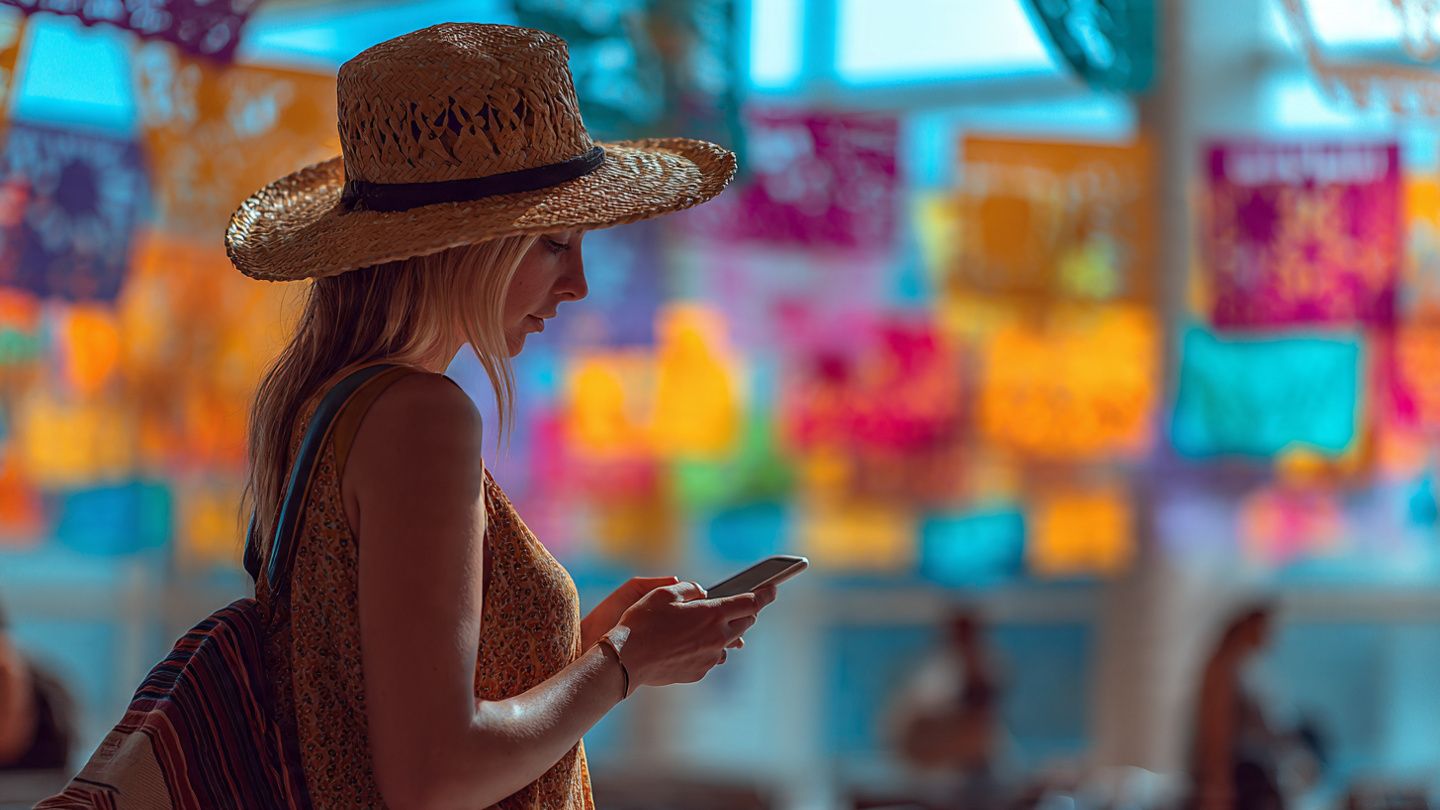 A traveler activating an eSIM on their phone at a Mexican airport with colorful papel picado decorations in the background; bright, cinematic