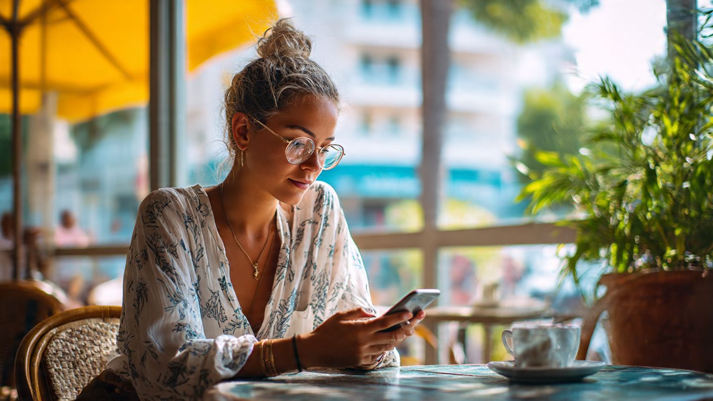 A traveler at a café in Santa Cruz de Tenerife checking eSIM settings on a phone, soft daylight, relaxed vacation atmosphere, illustrating smooth digital setup