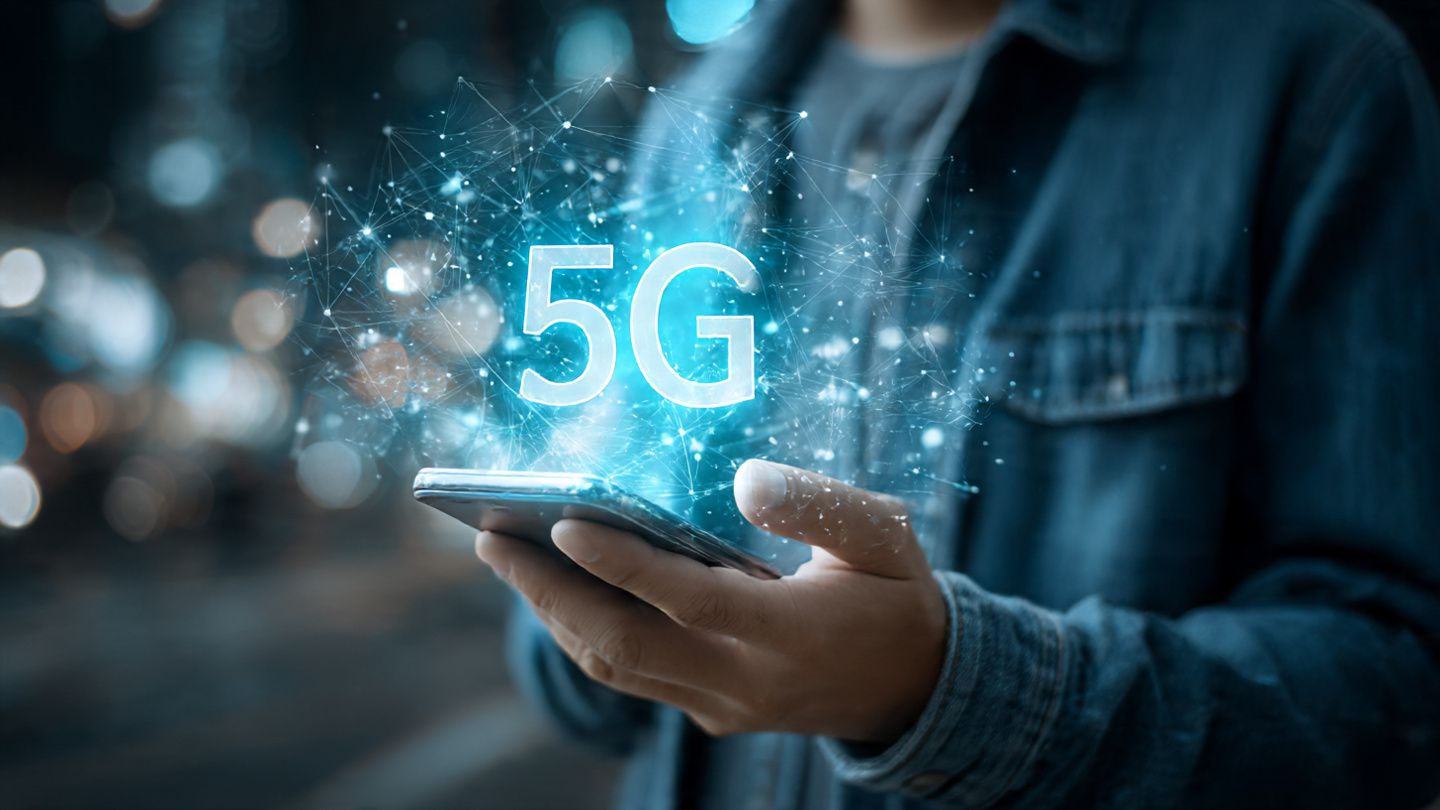 A traveler holding a smartphone with a holographic 5G network overlay, symbolizing the integration of AMD tech and eSIM for global mobile data; bright, modern, future-ready