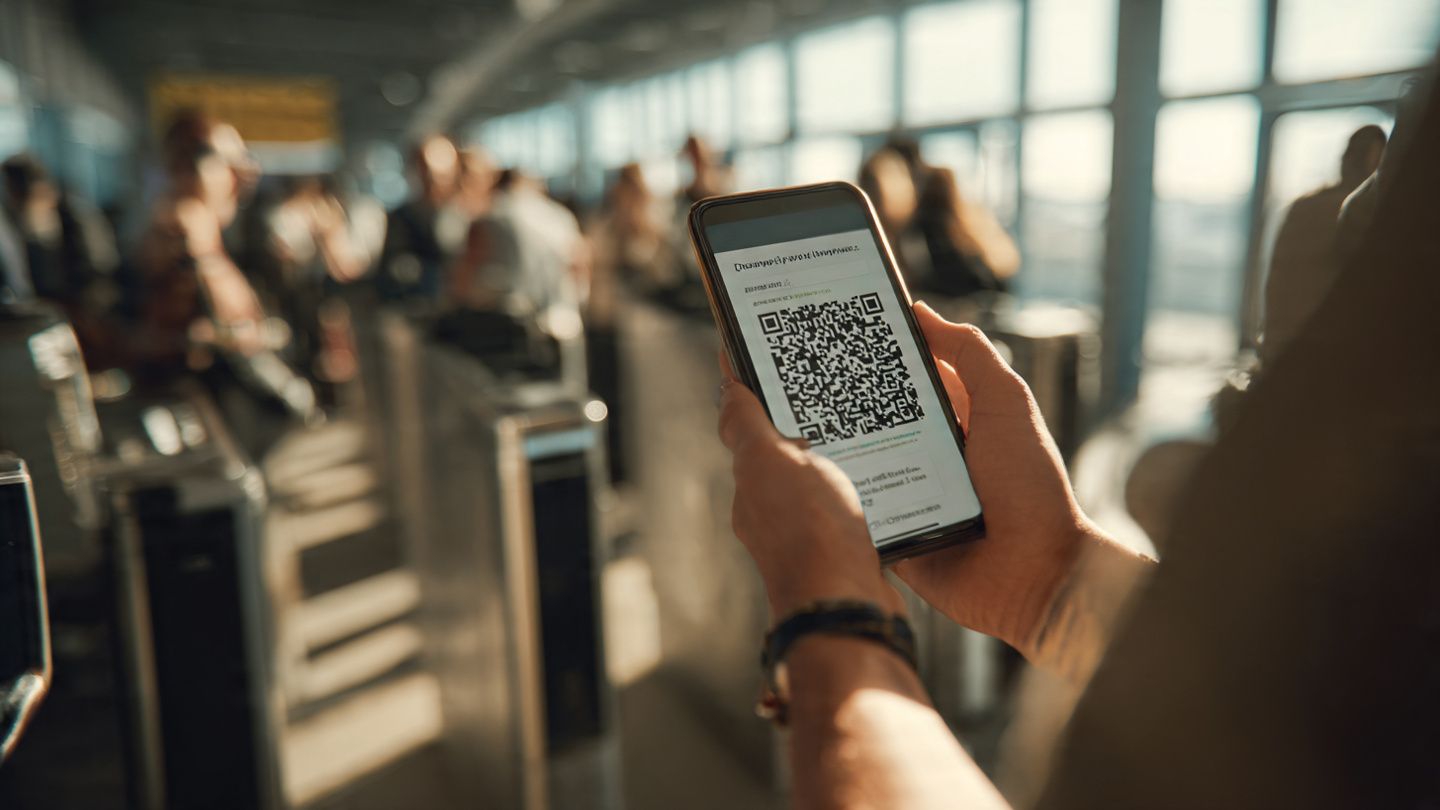 A traveler holding their OPPO phone at an airport gate while scanning a QR eSIM code; bright daylight, clear instructional moment, travel-focused mood