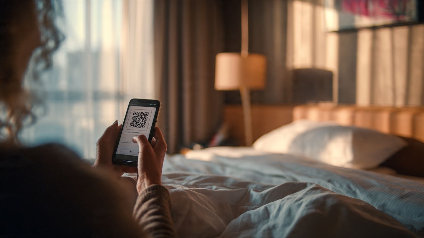 Image of a traveler in a German hotel room scanning a QR code on their phone to activate a Germany eSIM, soft evening light, preparation for theme park travel and data setup abroad