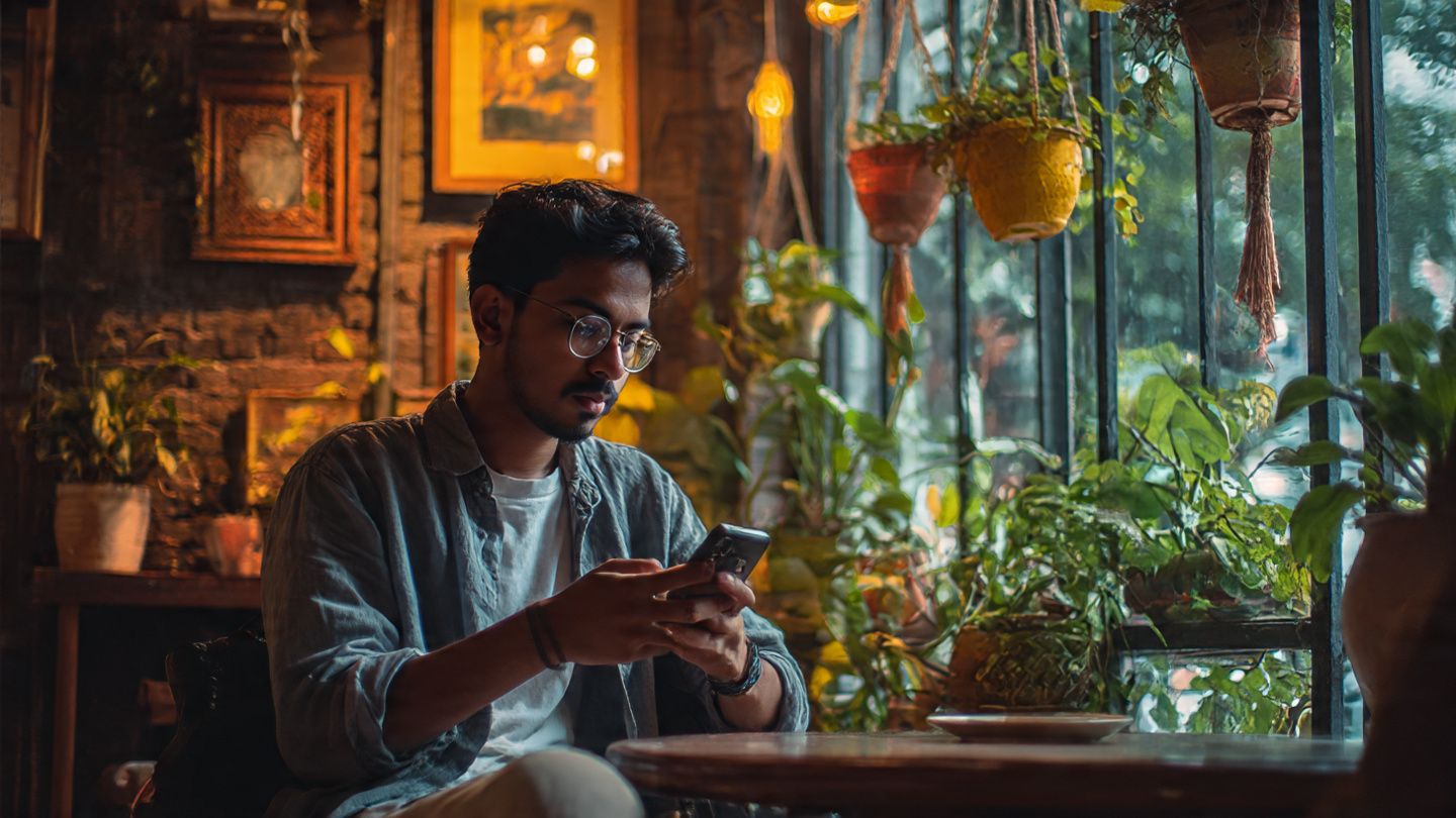 A traveler in Dhaka café setting up their eSIM on a smartphone — cozy indoor scene with Wi-Fi and digital nomad vibe
