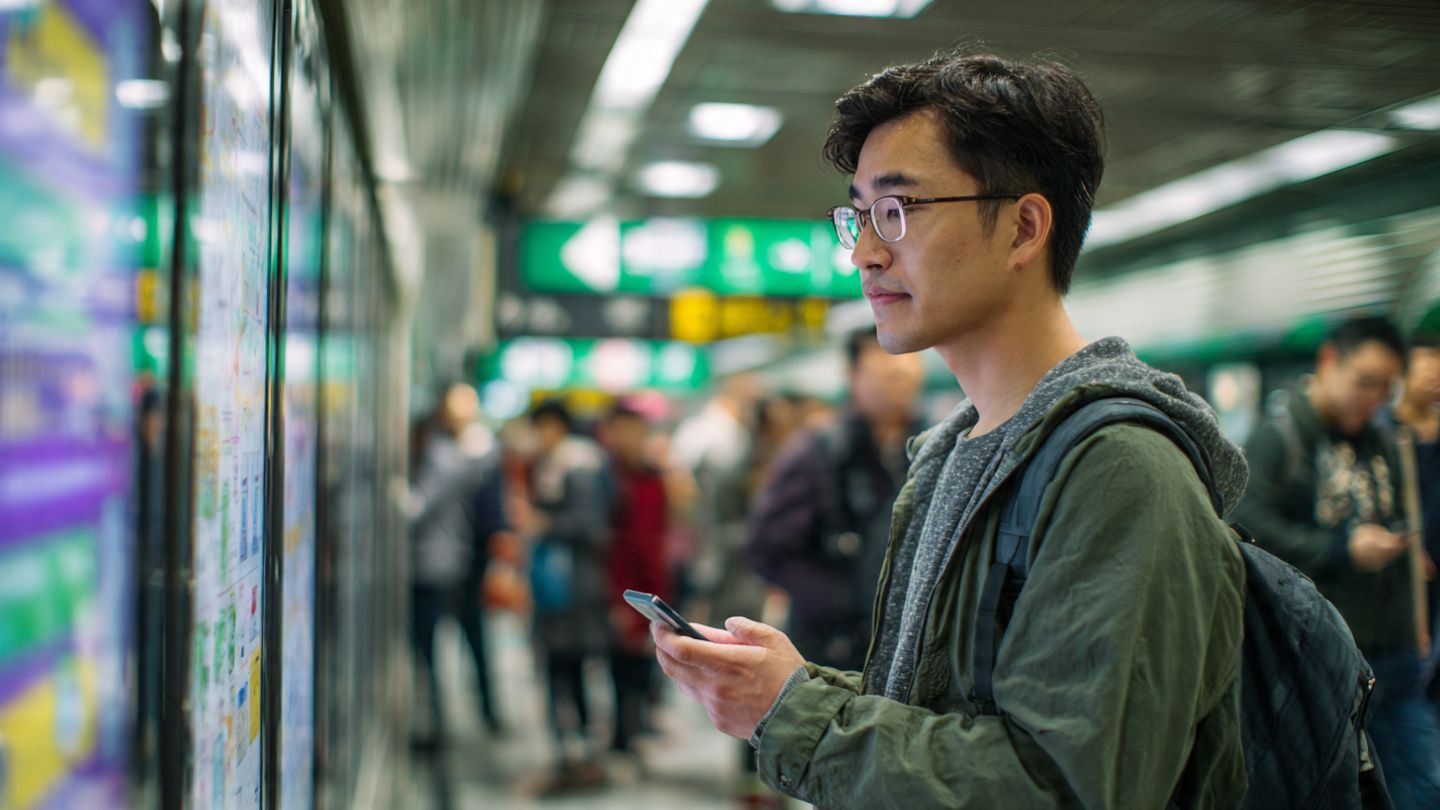 A traveler in Hong Kong MTR station using an eSIM-enabled phone to view live health alerts; dynamic urban scene, candid travel photography style, informative feel