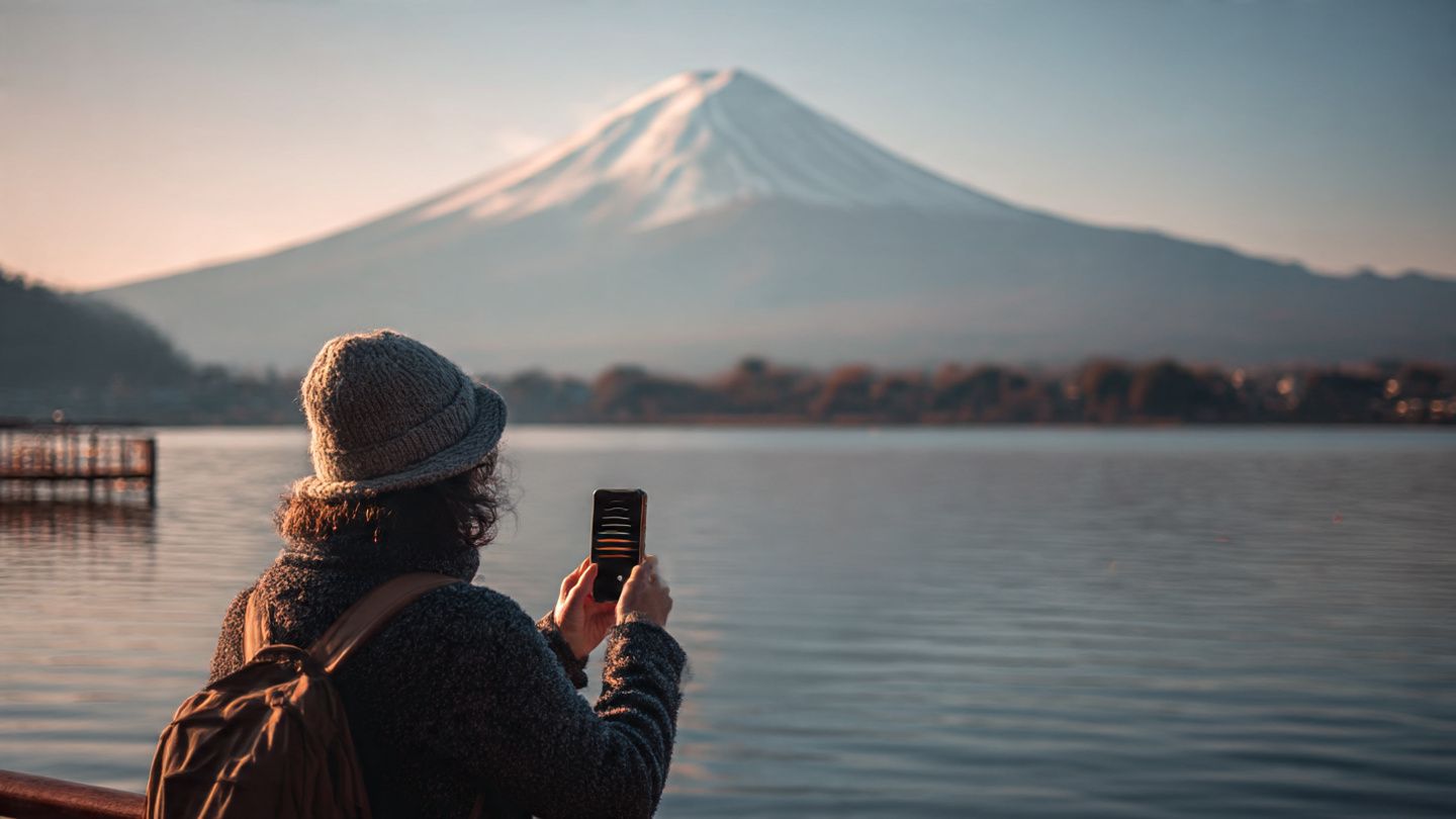 A traveler looking at Mount Fuji from a lakeside viewpoint, holding a phone with signal bars visible, captured in a calm documentary style to emphasize strong mobile data coverage across Japan