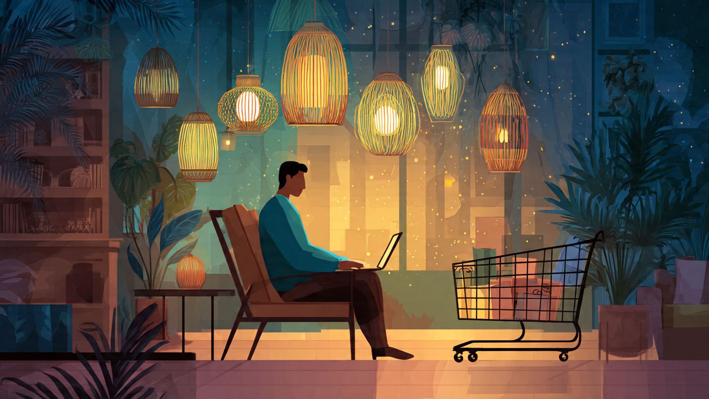 A traveler on a laptop checking out international shopping carts while connected to an eSIM; cozy, warm lighting and modern digital-nomad atmosphere