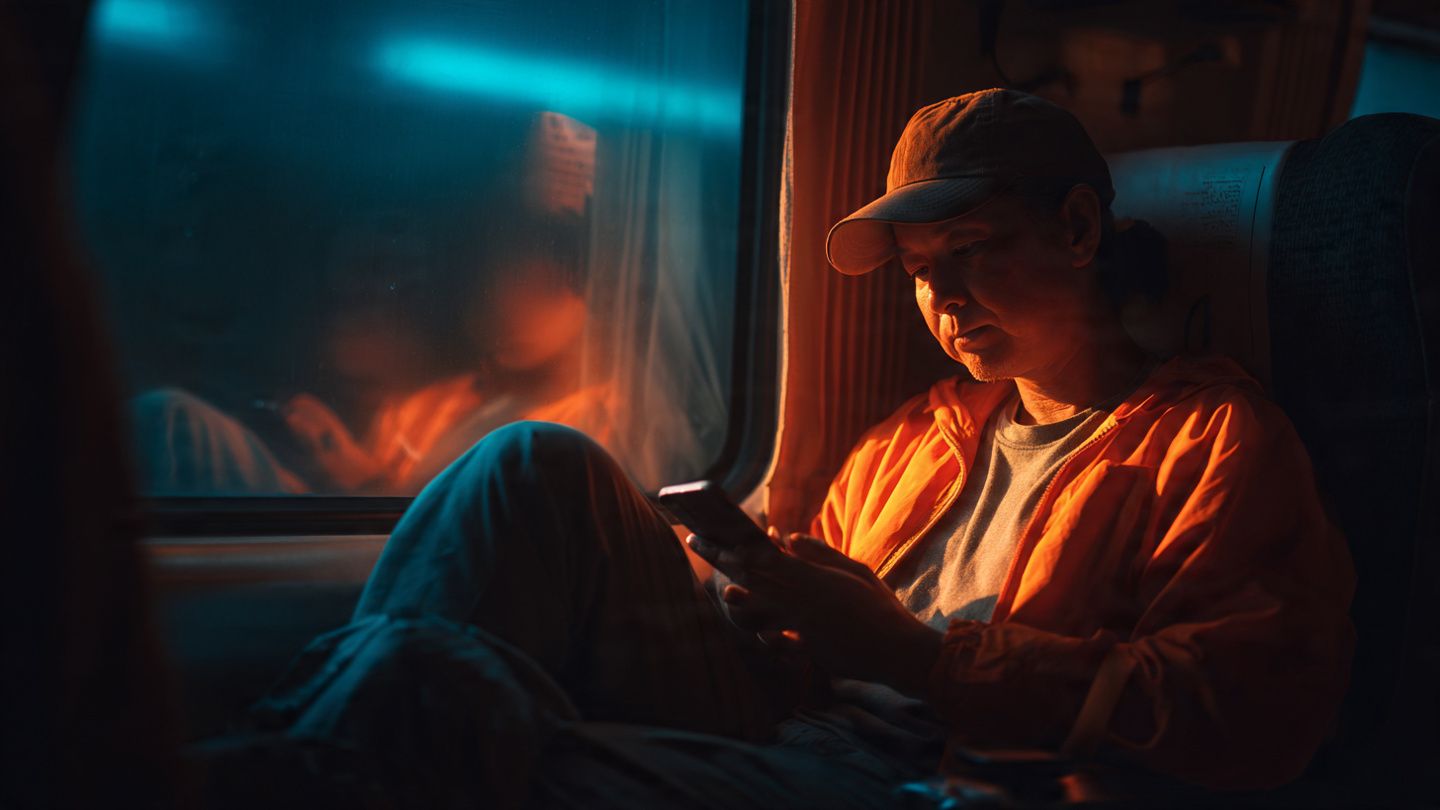 A traveler on a train between Singapore and Malaysia checking an eSIM setup guide on their phone, cozy ambient lighting, informative modern travel tutorial style