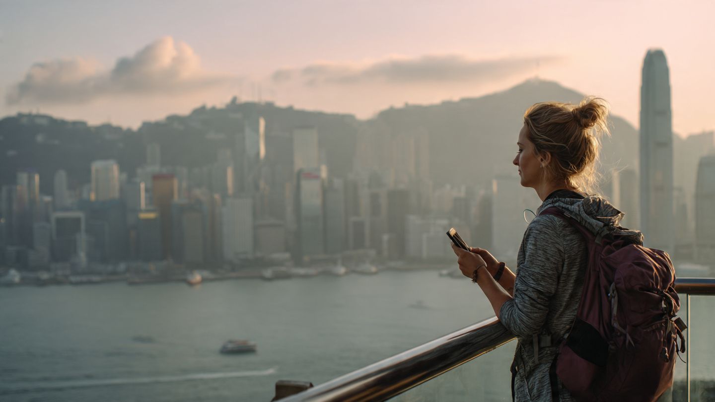 A traveler overlooking Hong Kong’s skyline while checking health advisory updates on a smartphone; soft morning light, documentary travel style, informative tone