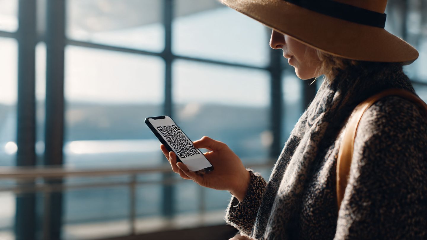 A traveler scanning a QR code on a smartphone to activate an eSIM before boarding a flight to Los Angeles – clear, modern, tech-oriented tone
