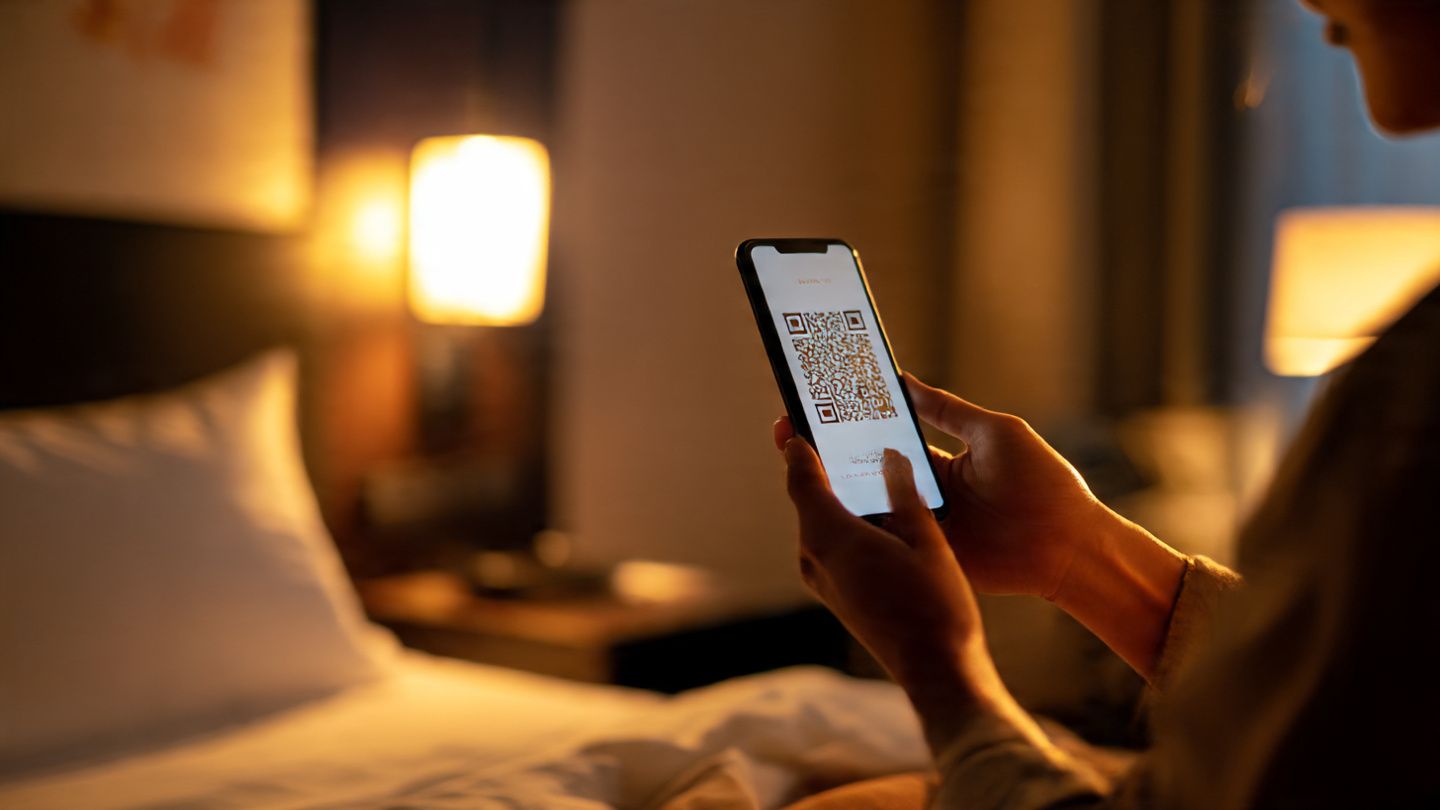 A traveler scanning a QR code on their smartphone to install an eSIM in a hotel room, warm lighting and calm atmosphere, demonstrating easy activation before a concert night