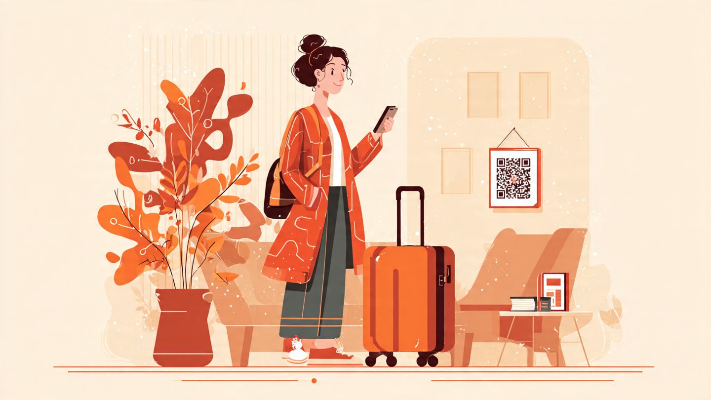 Photo of a traveler scanning a QR code on a smartphone for eSIM activation at home before their flight, with luggage and passport nearby