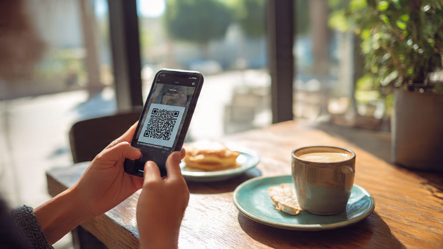 A traveler scanning an eSIM QR code on a smartphone inside a Los Angeles café before heading to Dodger Stadium — tech and travel theme